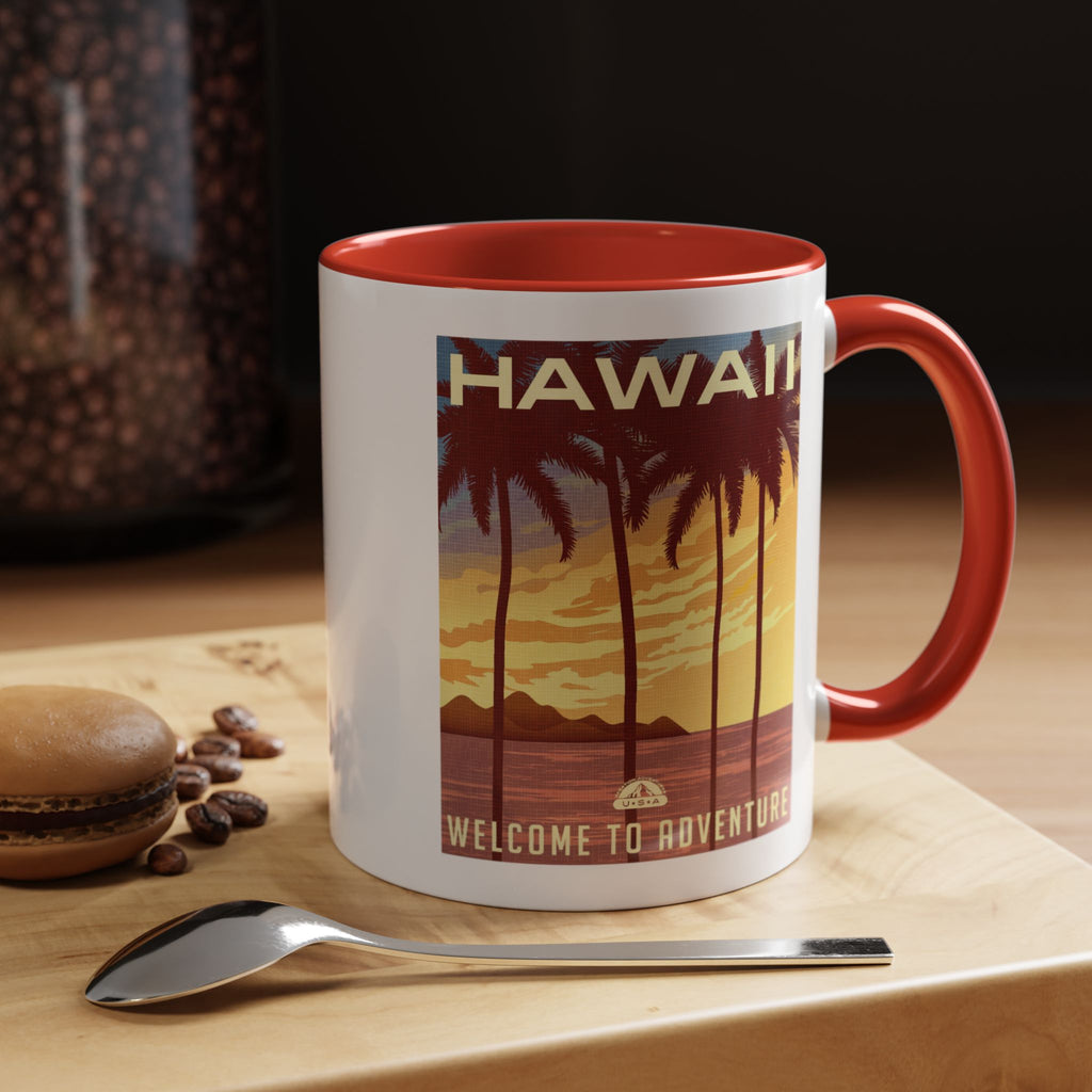 Hawaii Sunset Coffee Mug — "Welcome to Adventure" Tropical Travel Accent Mug