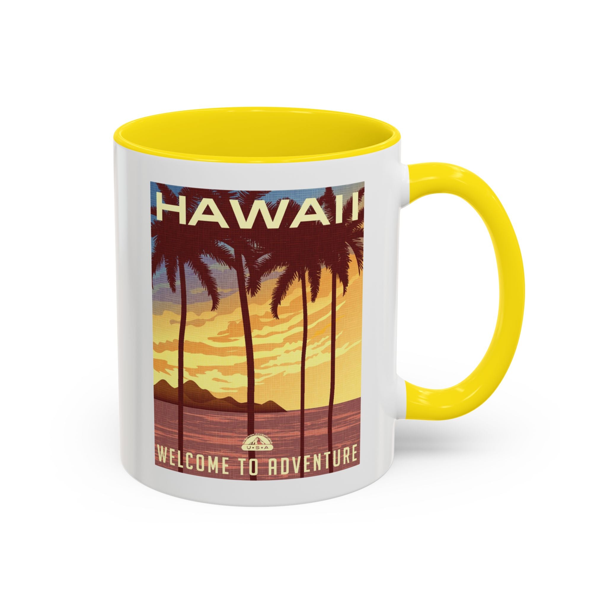 Hawaii Sunset Coffee Mug — "Welcome to Adventure" Tropical Travel Accent Mug