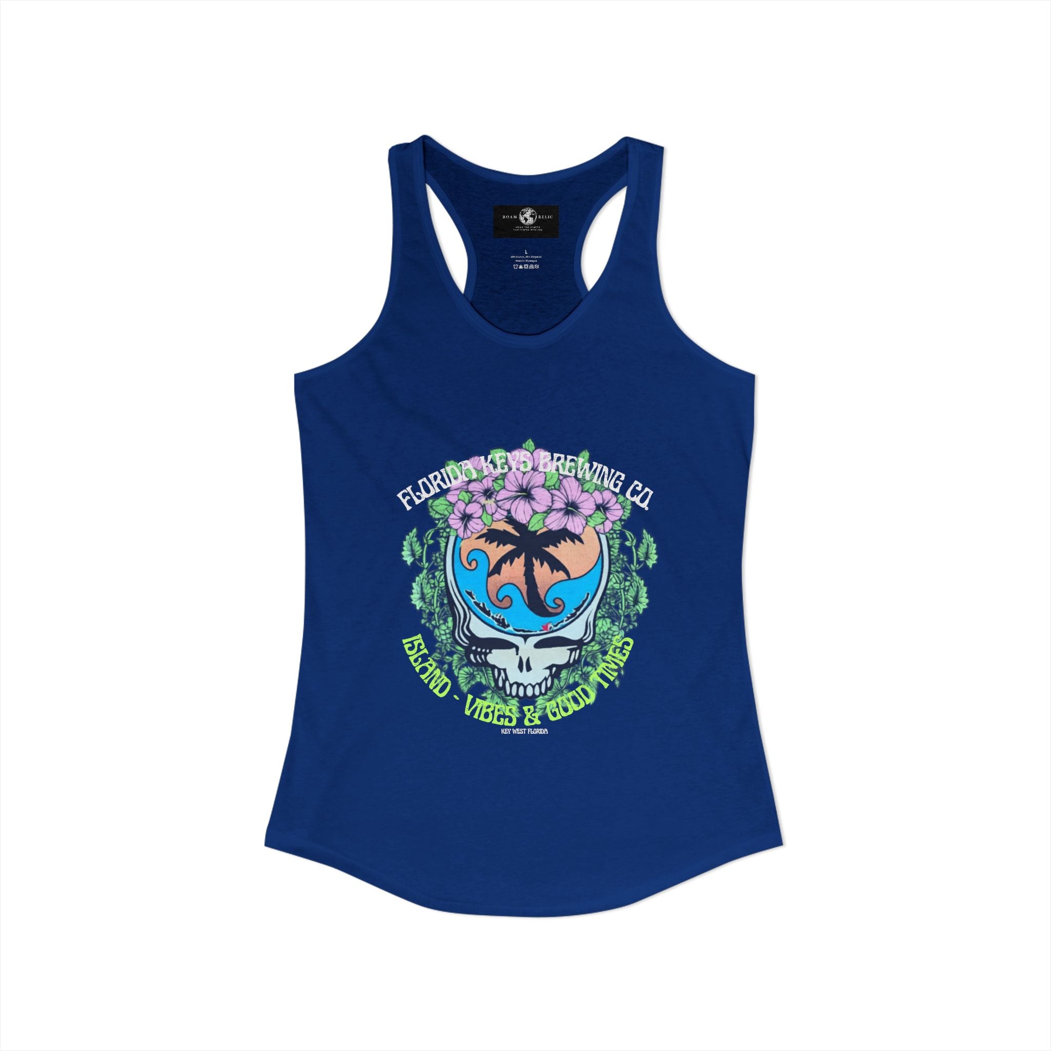 Island Vibes & Good Times Racerback Tank — Tropical Skull Graphic