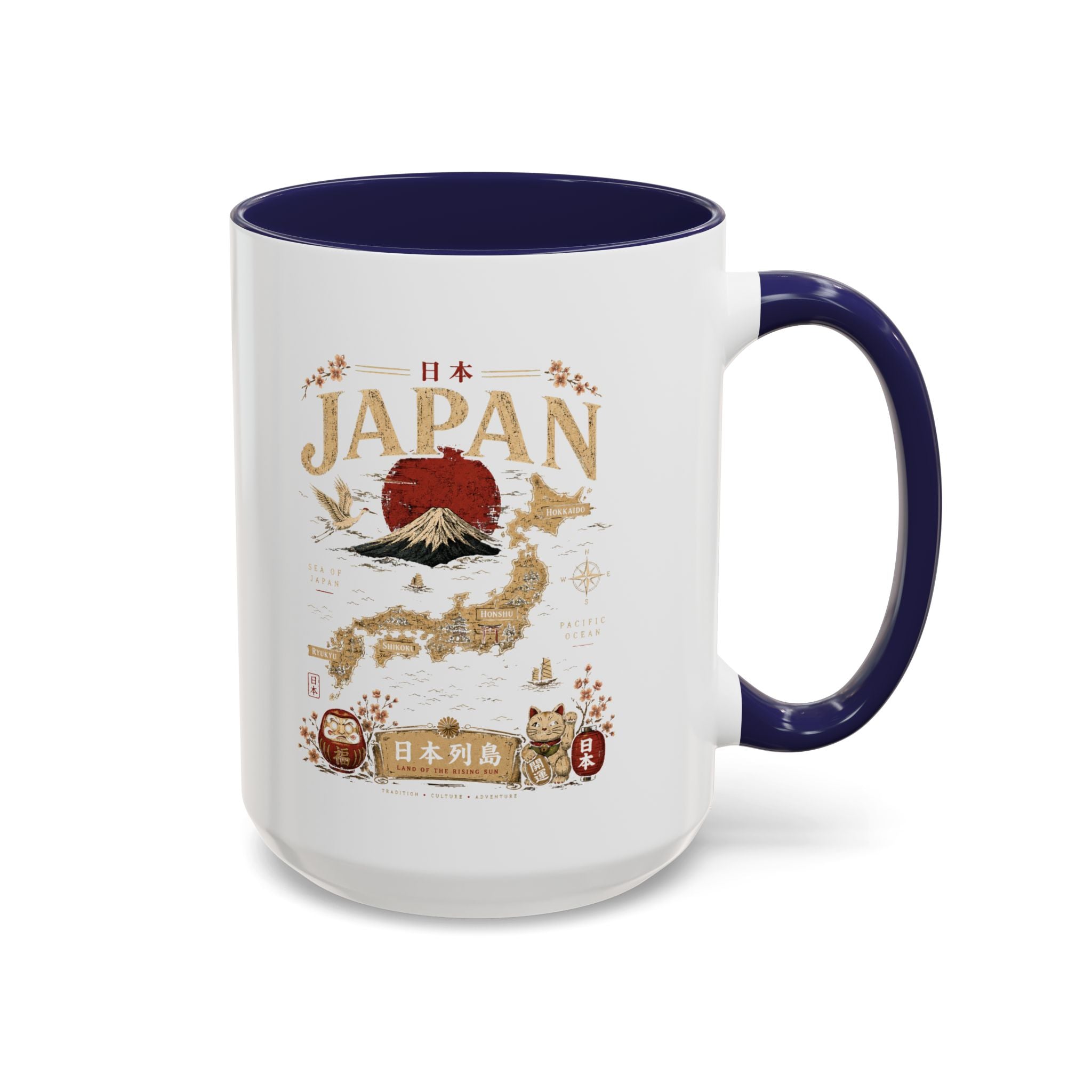 Japan Travel Map Coffee Mug — Mount Fuji Red Sun Accent Mug (11/15 oz)