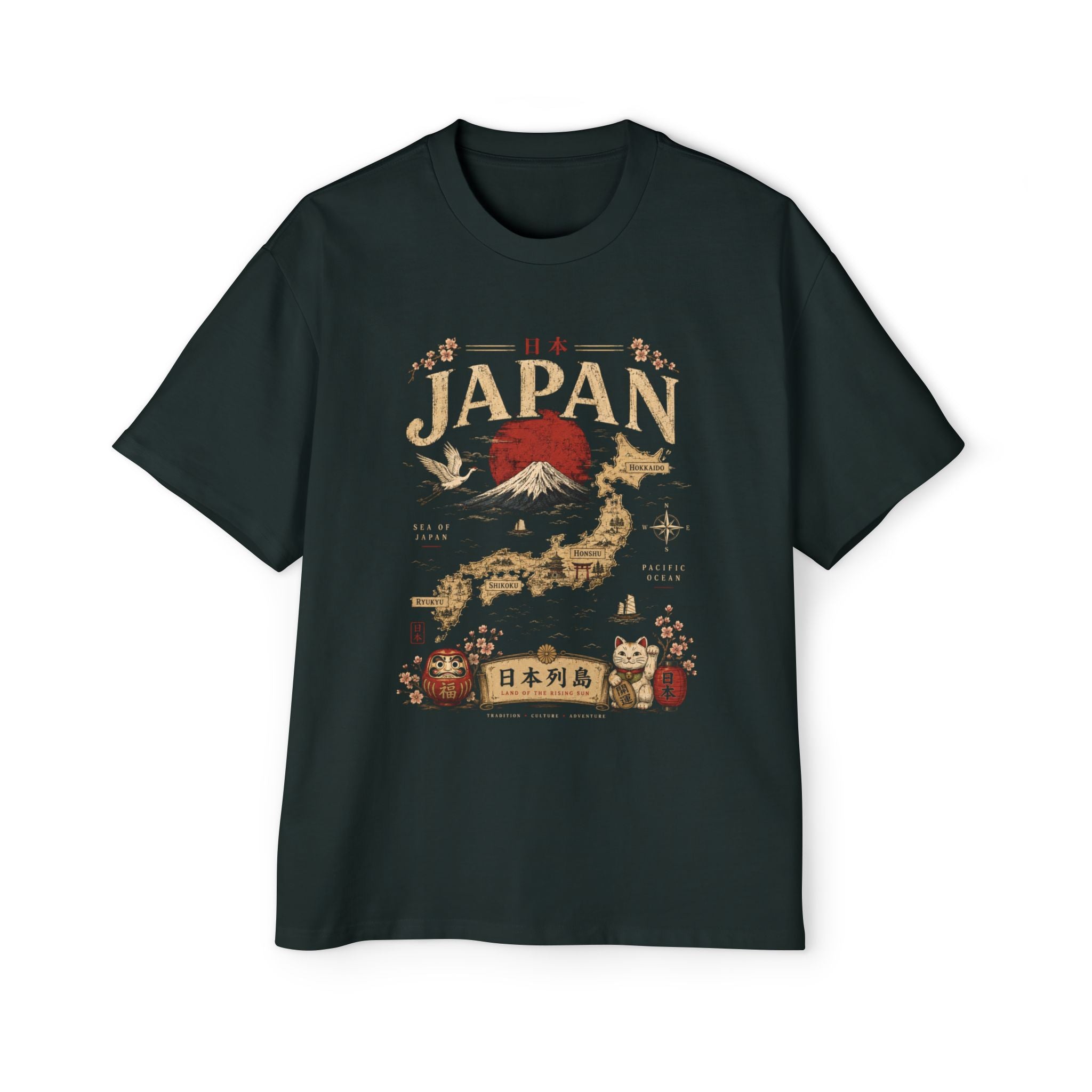 Japan Map Tee — Mount Fuji, Rising Sun & Lucky Cat Graphic T-Shirt