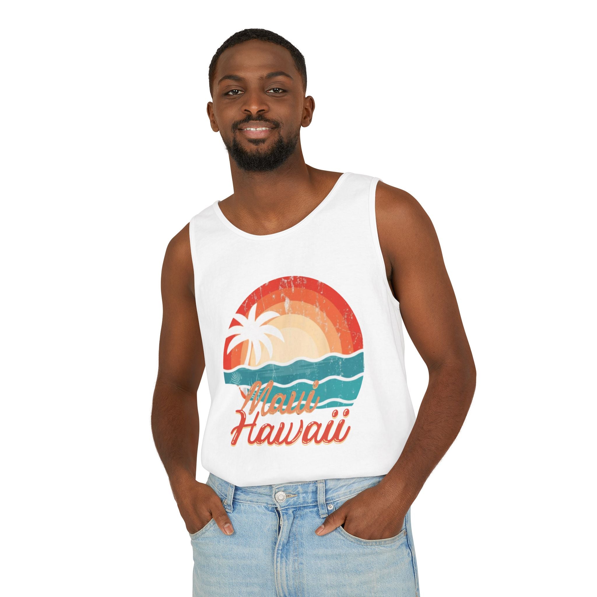 Maui Hawaii Retro Sunset Tank Top — Vintage Palm Beach Vacation Tee