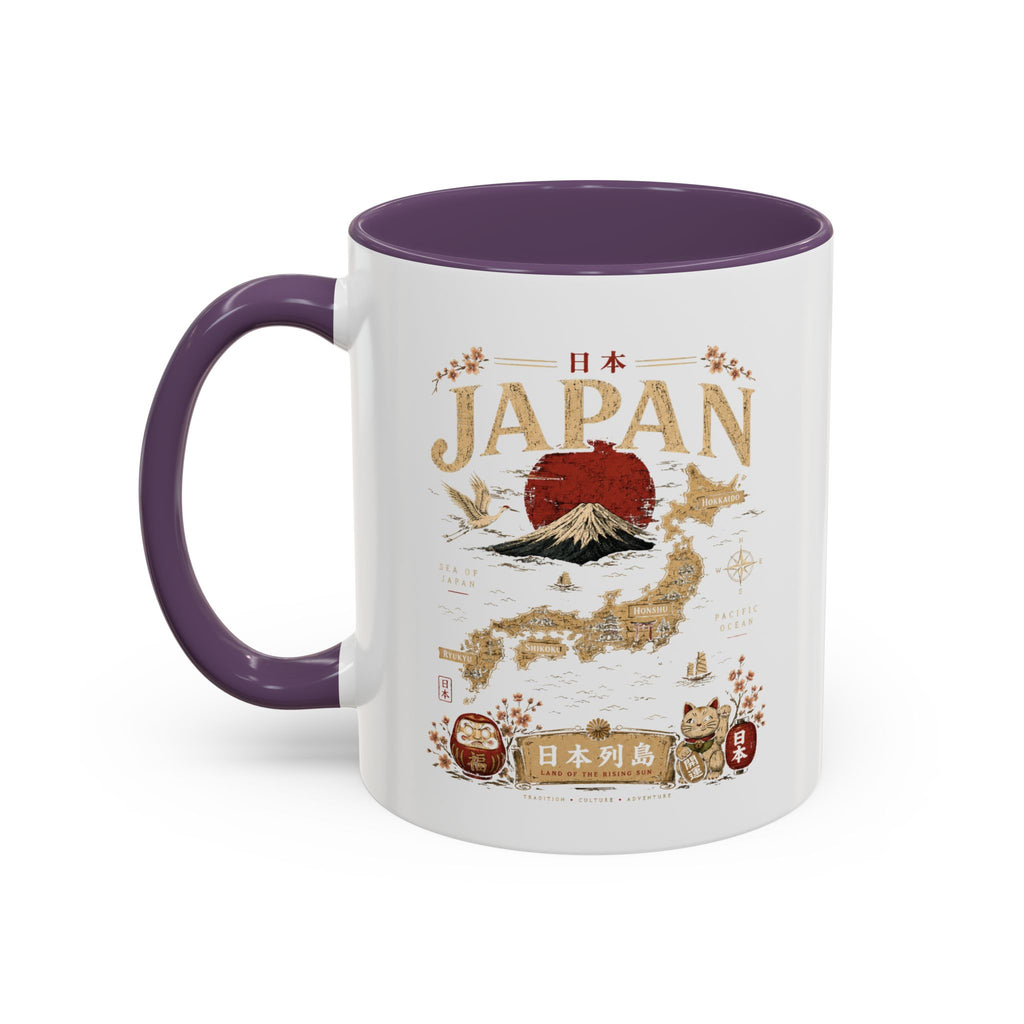 Japan Travel Map Coffee Mug — Mount Fuji Red Sun Accent Mug (11/15 oz)