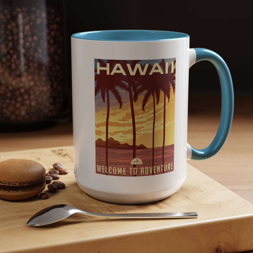 Hawaii Sunset Coffee Mug — "Welcome to Adventure" Tropical Travel Accent Mug