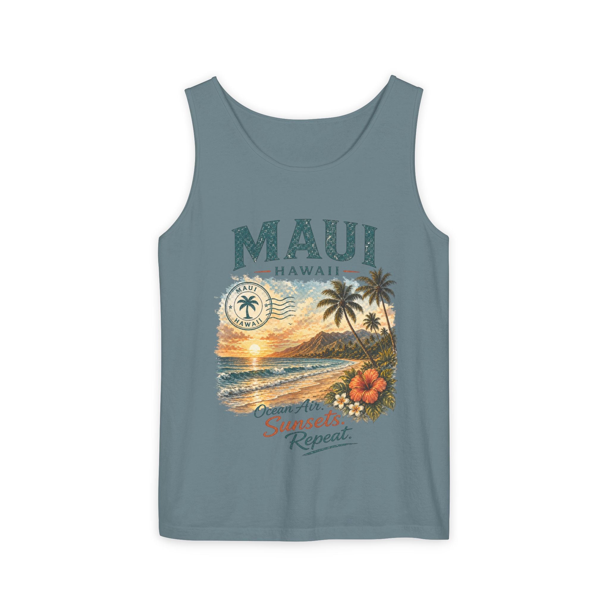 Maui Hawaii Tank Top — Ocean Air Sunsets Repeat Beach Graphic