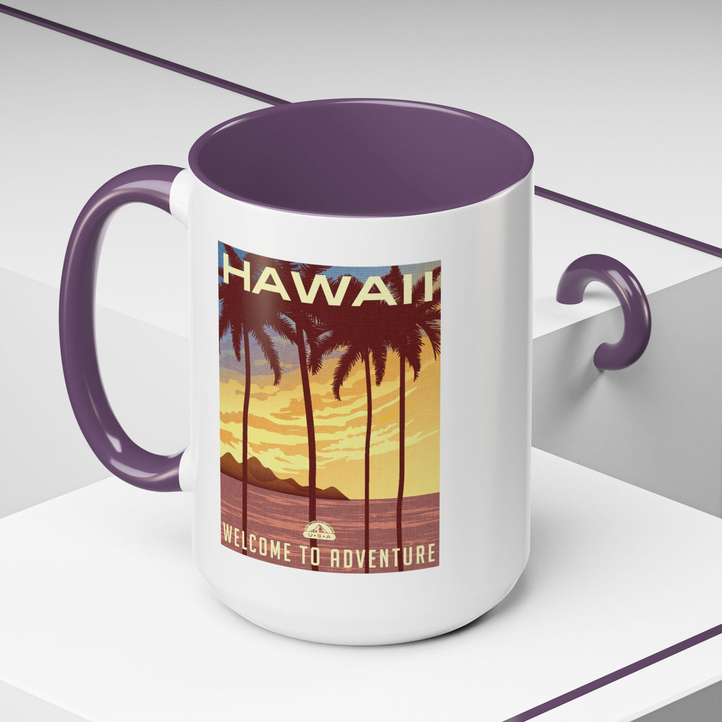 Hawaii Sunset Coffee Mug — "Welcome to Adventure" Tropical Travel Accent Mug