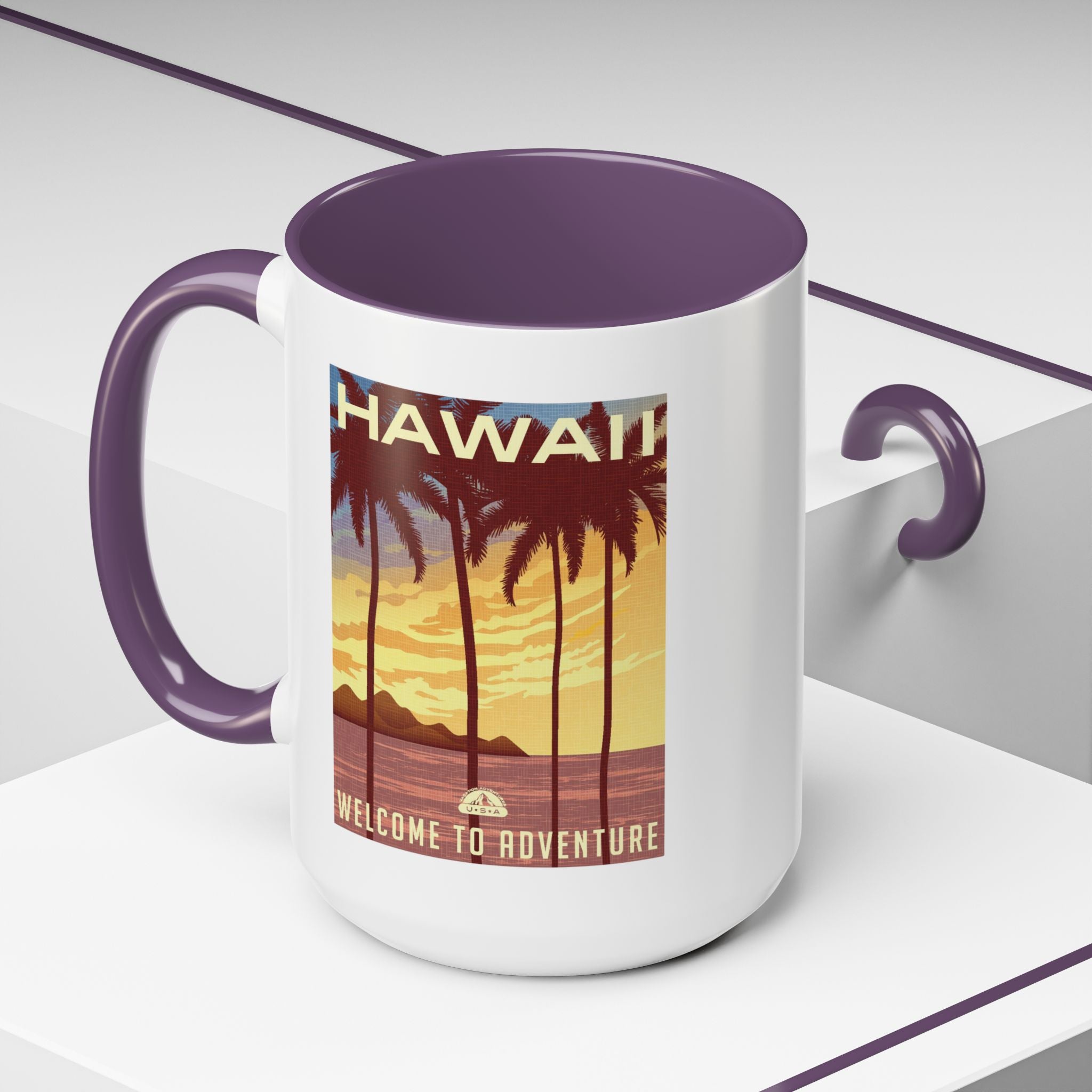 Hawaii Sunset Coffee Mug — "Welcome to Adventure" Tropical Travel Accent Mug