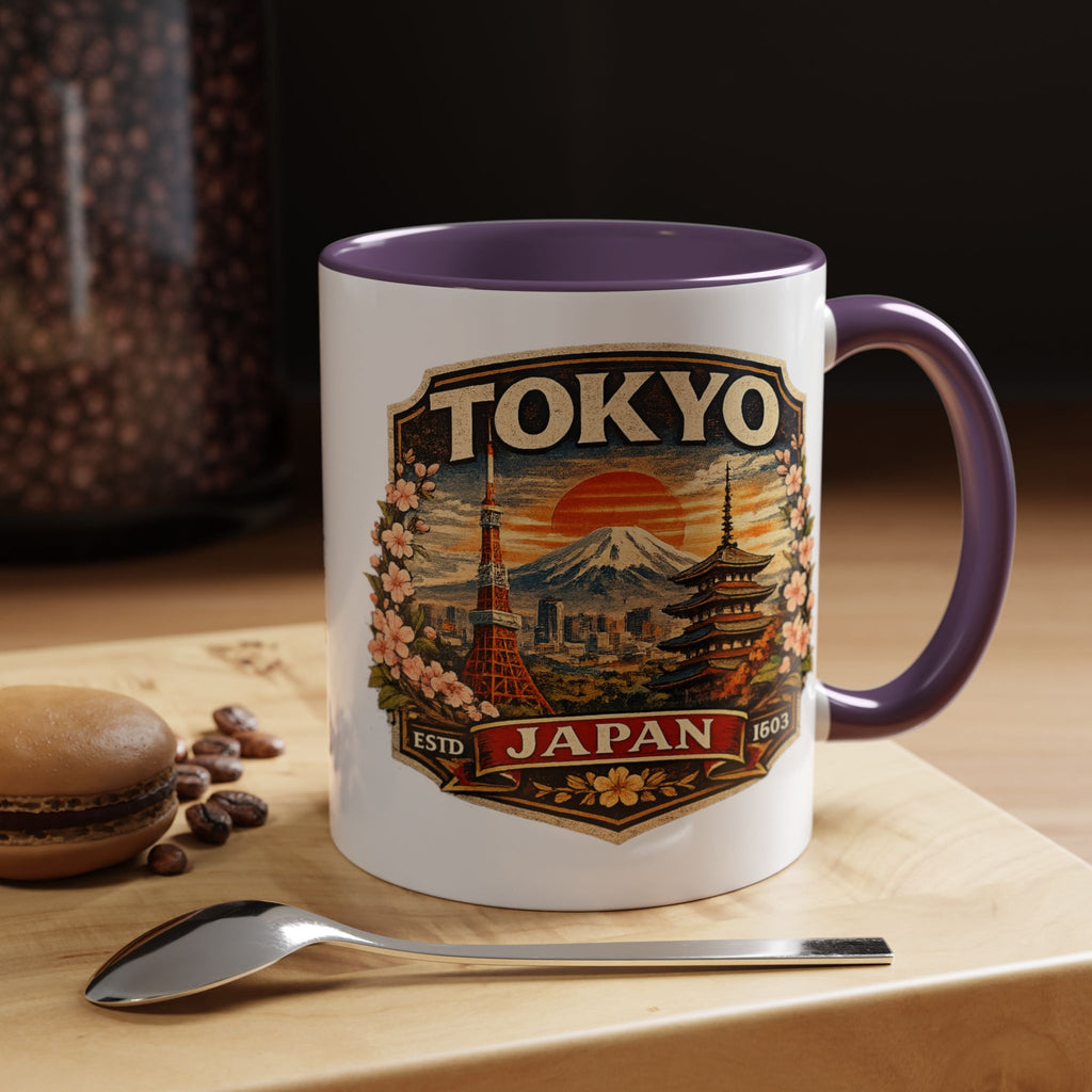 Tokyo Japan Accent Coffee Mug – Vintage Mount Fuji & Sakura Travel Souvenir (11/15oz)