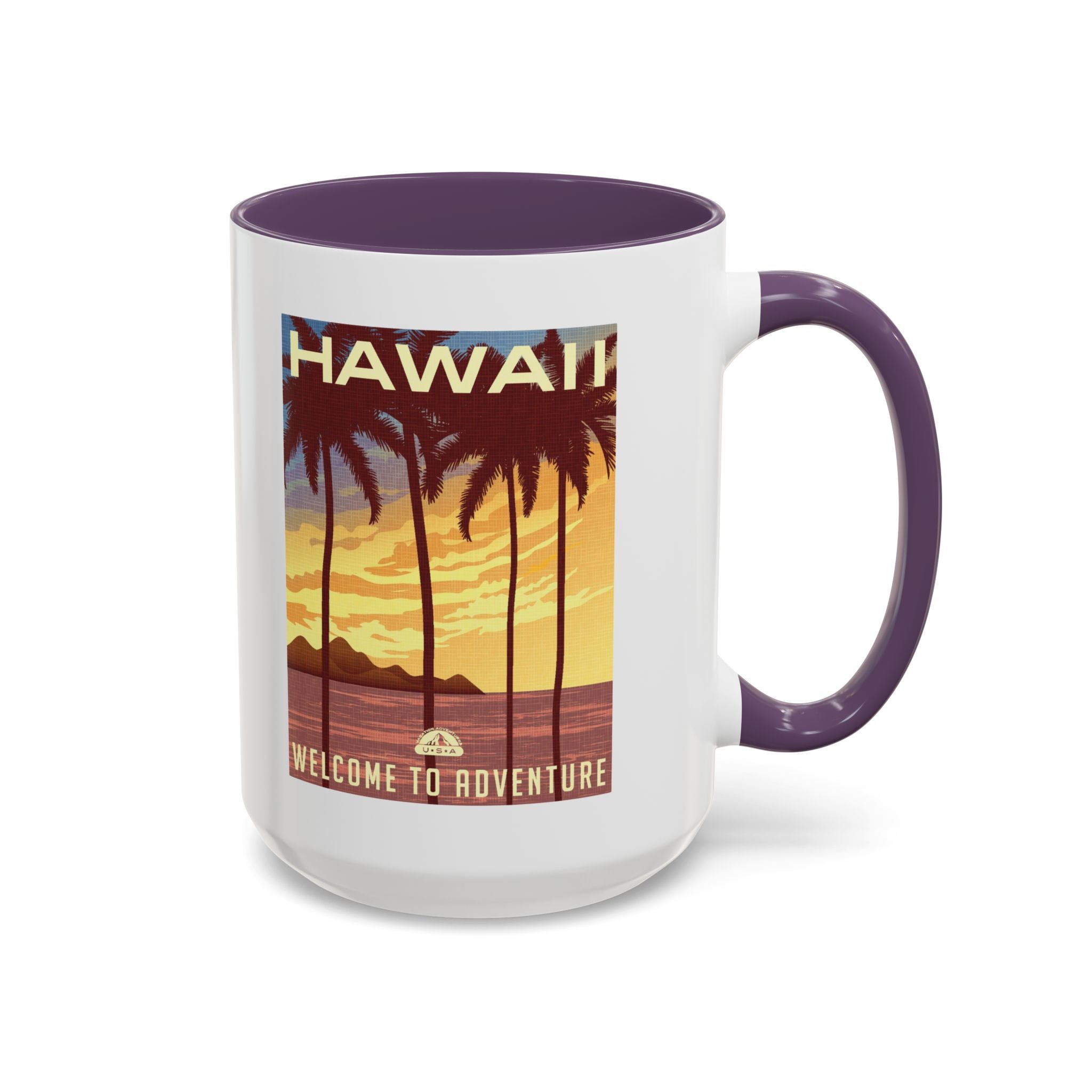 Hawaii Sunset Coffee Mug — "Welcome to Adventure" Tropical Travel Accent Mug