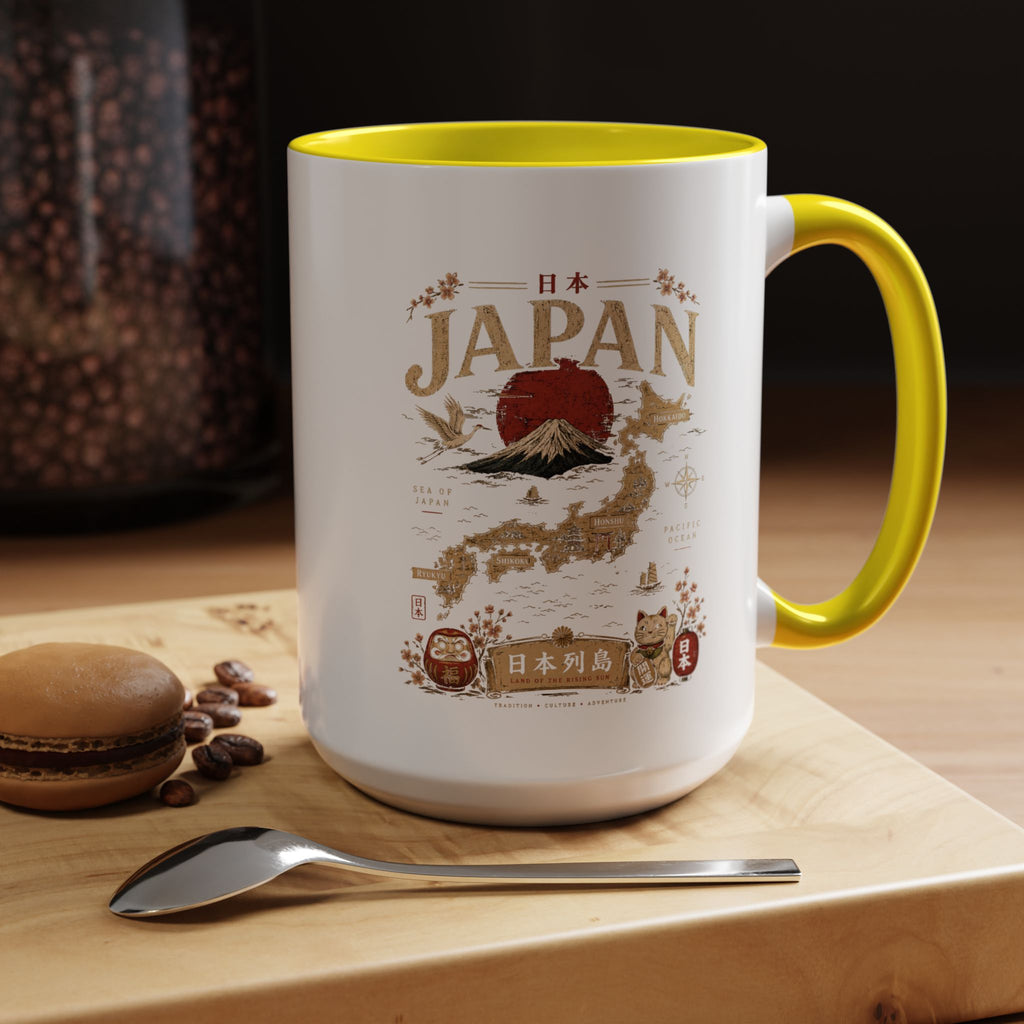 Japan Travel Map Coffee Mug — Mount Fuji Red Sun Accent Mug (11/15 oz)