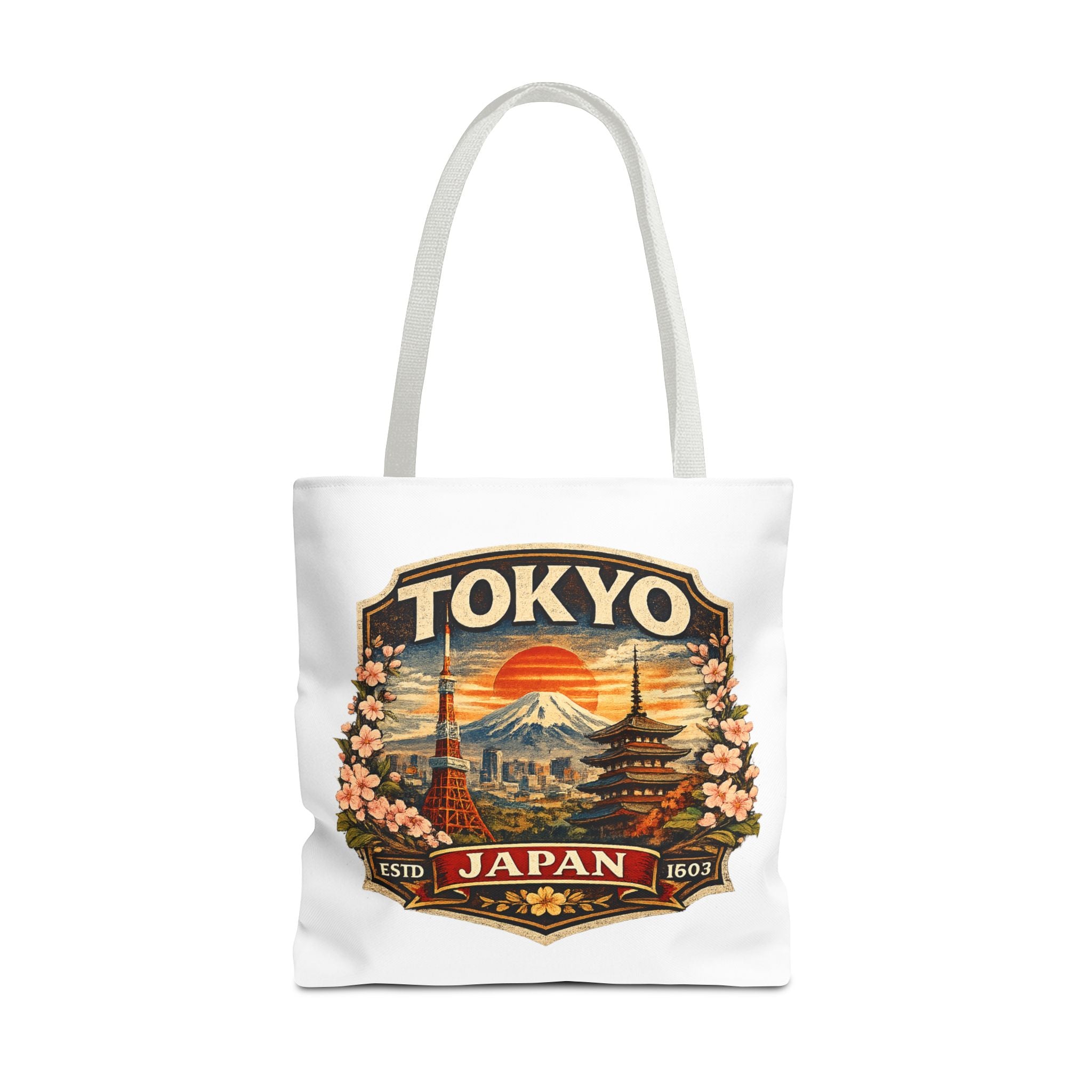 Tokyo Japan Scenic Tote Bag – Vintage Mount Fuji & Cherry Blossom Travel Tote