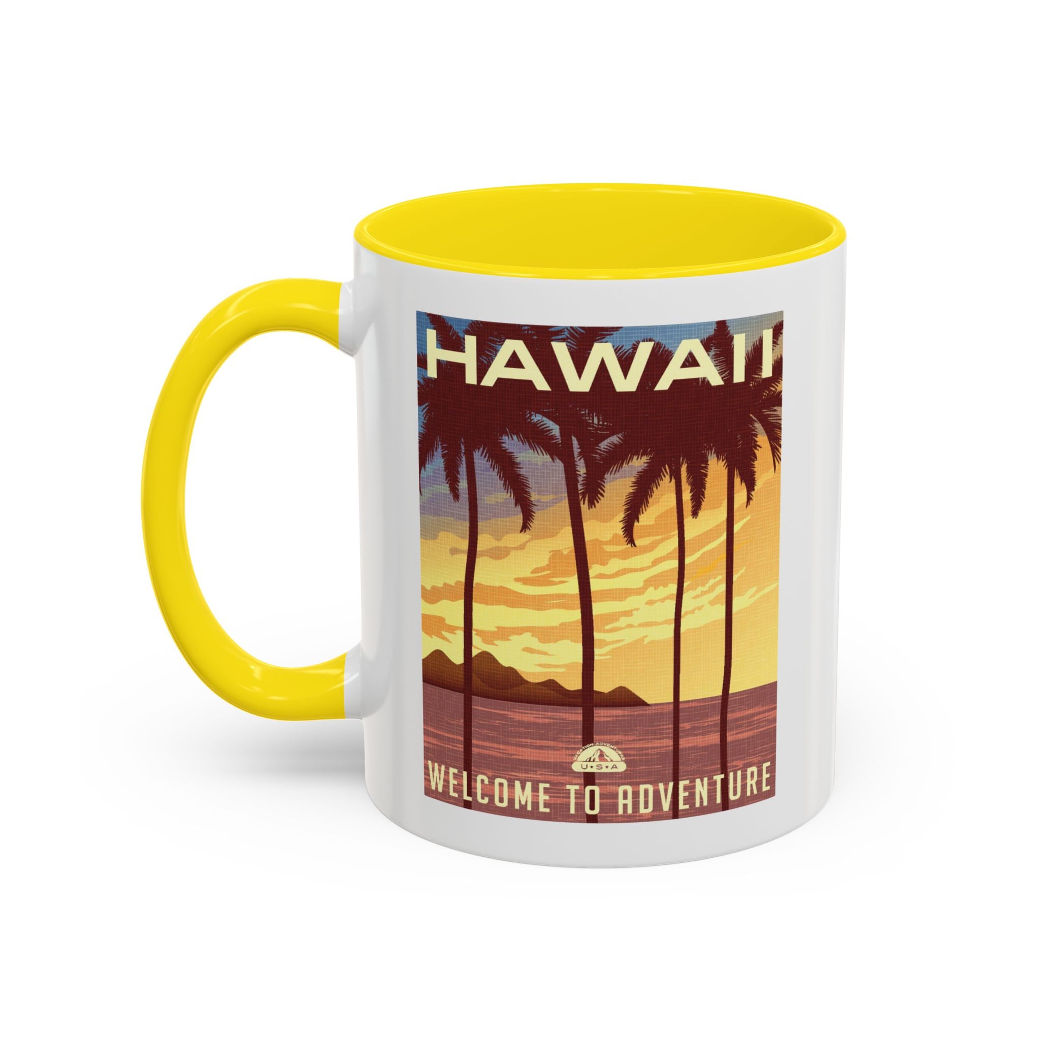 Hawaii Sunset Coffee Mug — "Welcome to Adventure" Tropical Travel Accent Mug