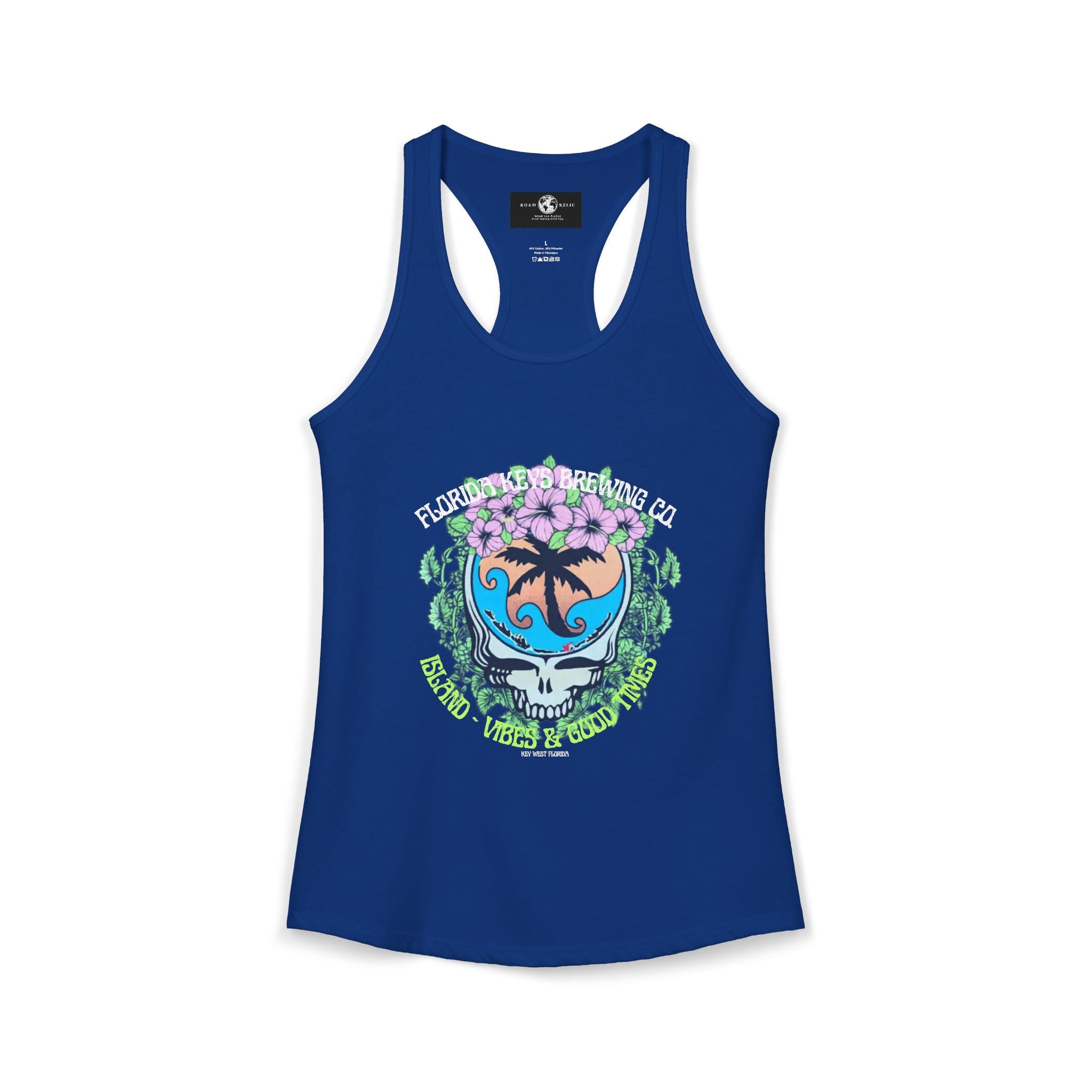 Island Vibes & Good Times Racerback Tank — Tropical Skull Graphic