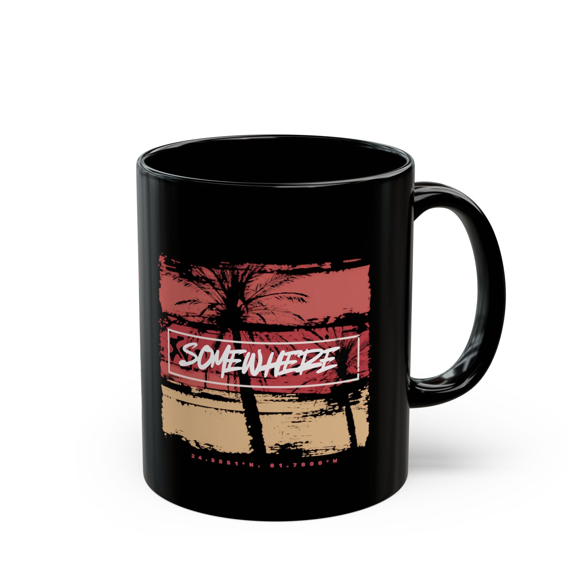 Somewhere Beach Coordinates Mug — Key West Palm Tree Coffee Cup (11oz/15oz)