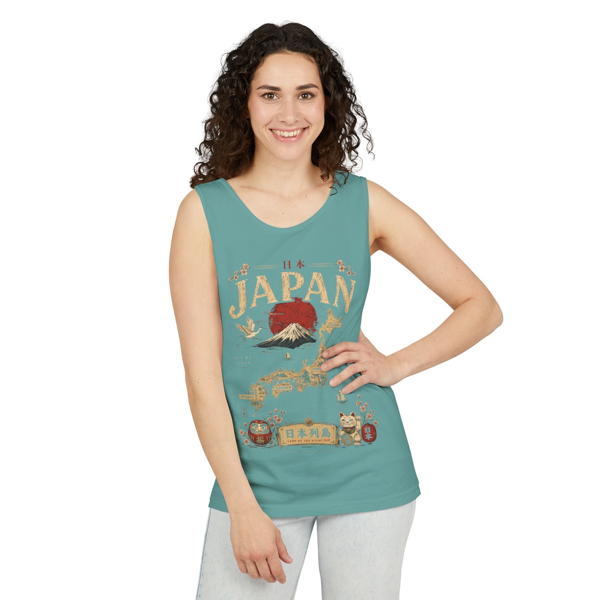 Japan Vintage Travel Tank Top — Mount Fuji & Lucky Cat Graphic