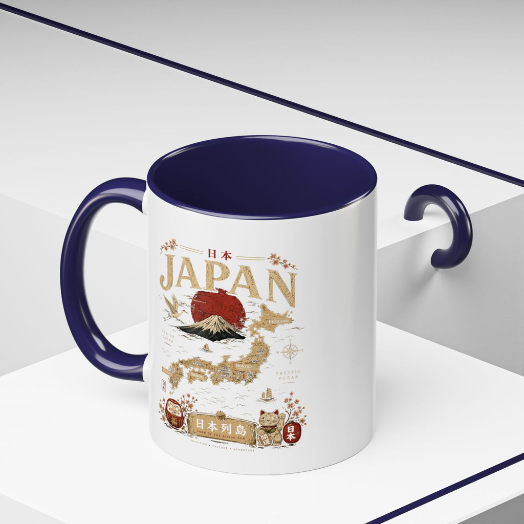 Japan Travel Map Coffee Mug — Mount Fuji Red Sun Accent Mug (11/15 oz)