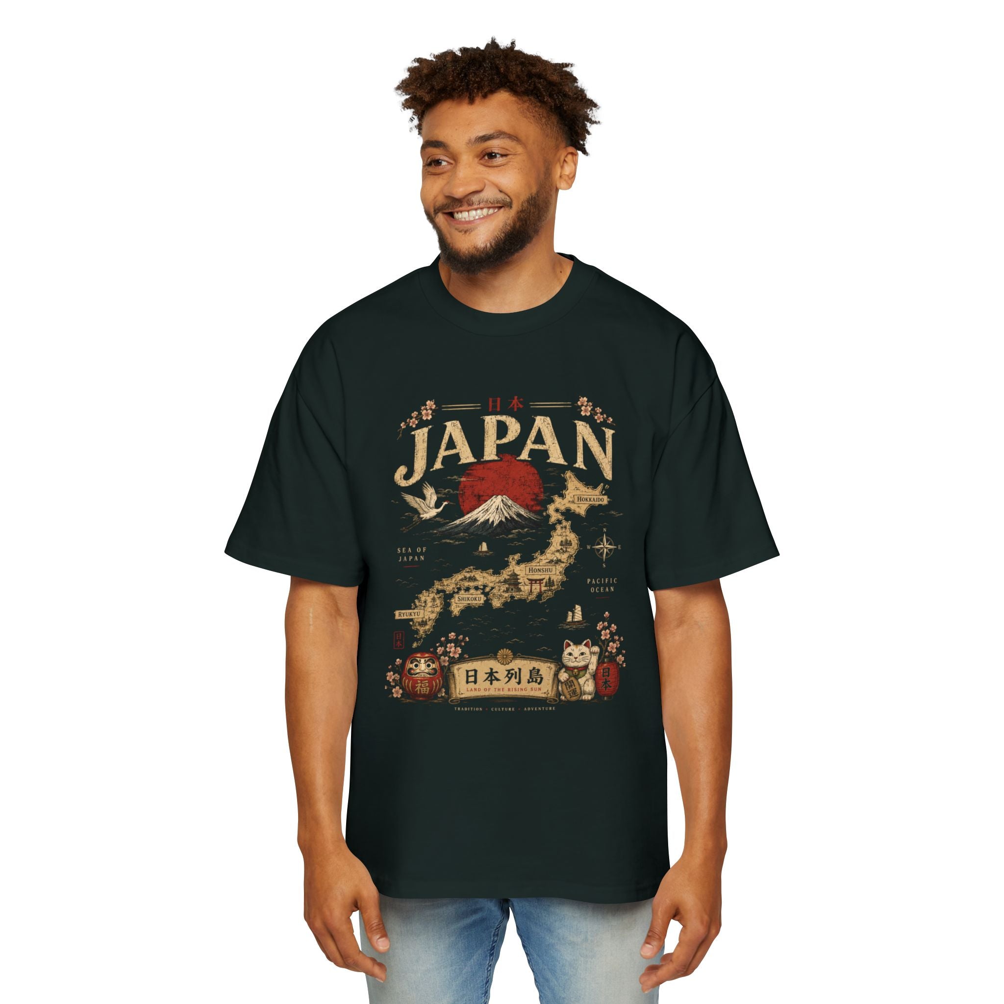 Japan Map Tee — Mount Fuji, Rising Sun & Lucky Cat Graphic T-Shirt