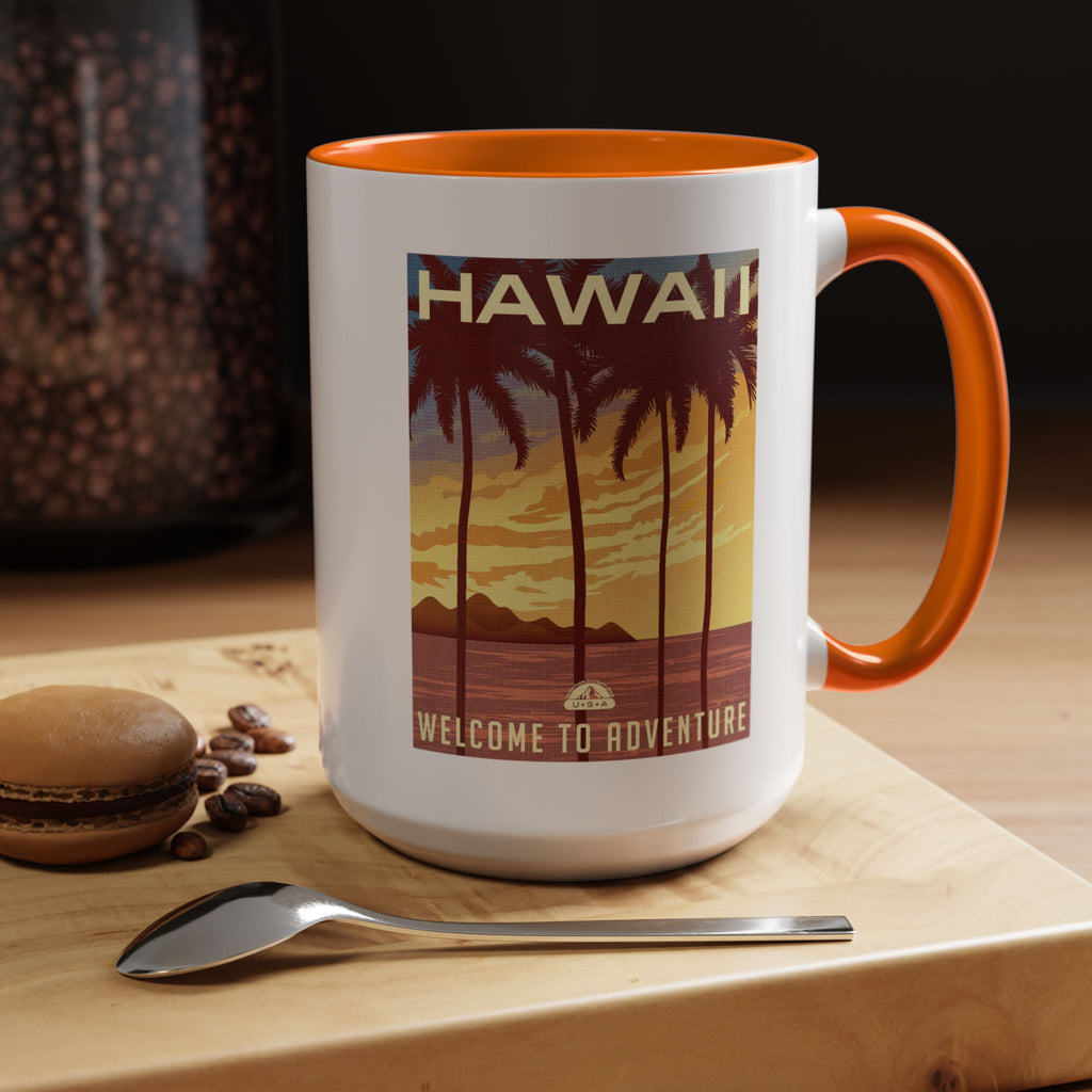 Hawaii Sunset Coffee Mug — "Welcome to Adventure" Tropical Travel Accent Mug
