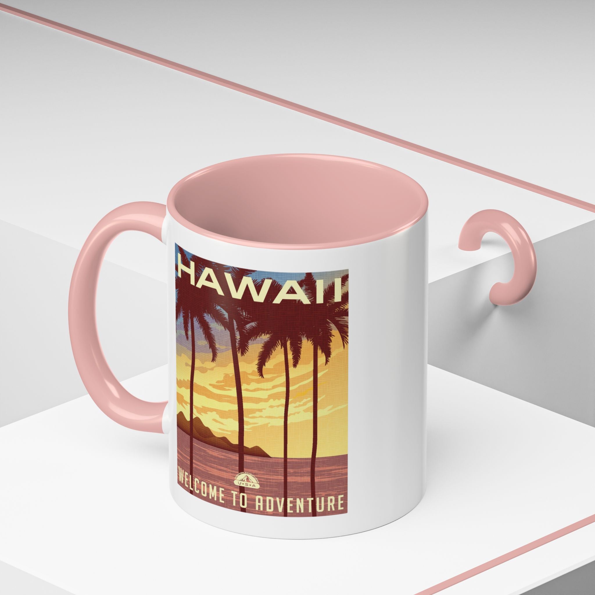 Hawaii Sunset Coffee Mug — "Welcome to Adventure" Tropical Travel Accent Mug