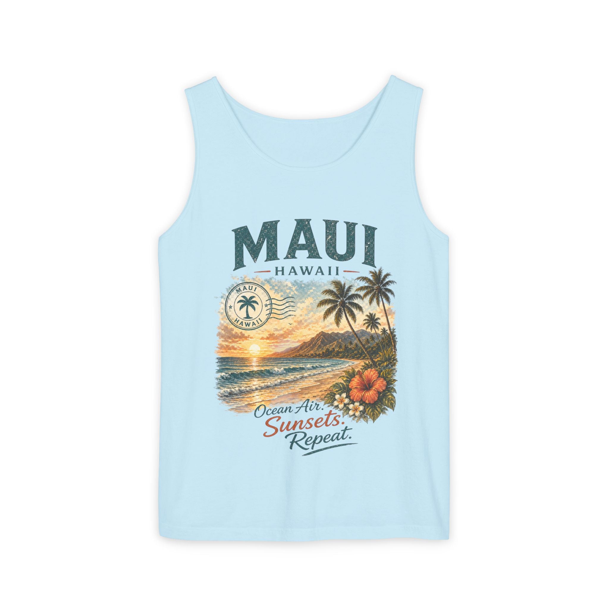 Maui Hawaii Tank Top — Ocean Air Sunsets Repeat Beach Graphic