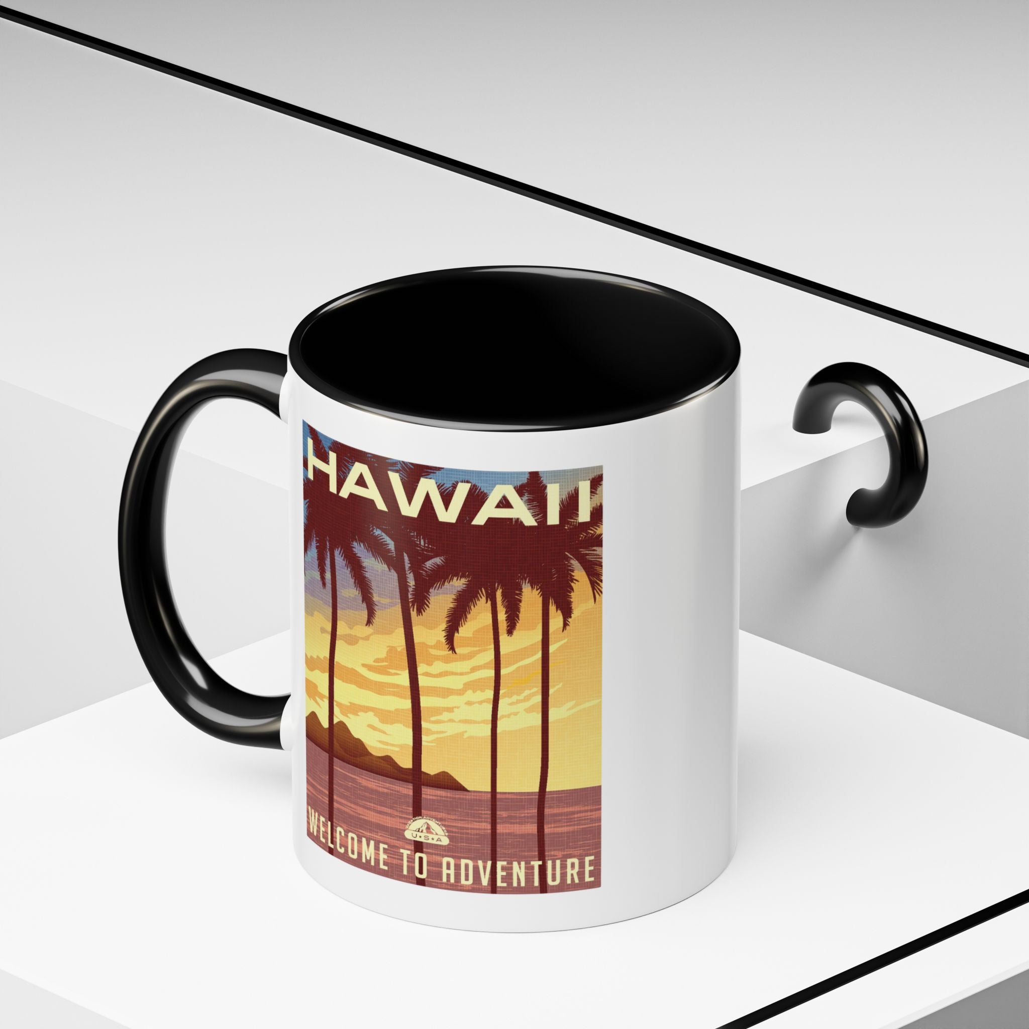Hawaii Sunset Coffee Mug — "Welcome to Adventure" Tropical Travel Accent Mug