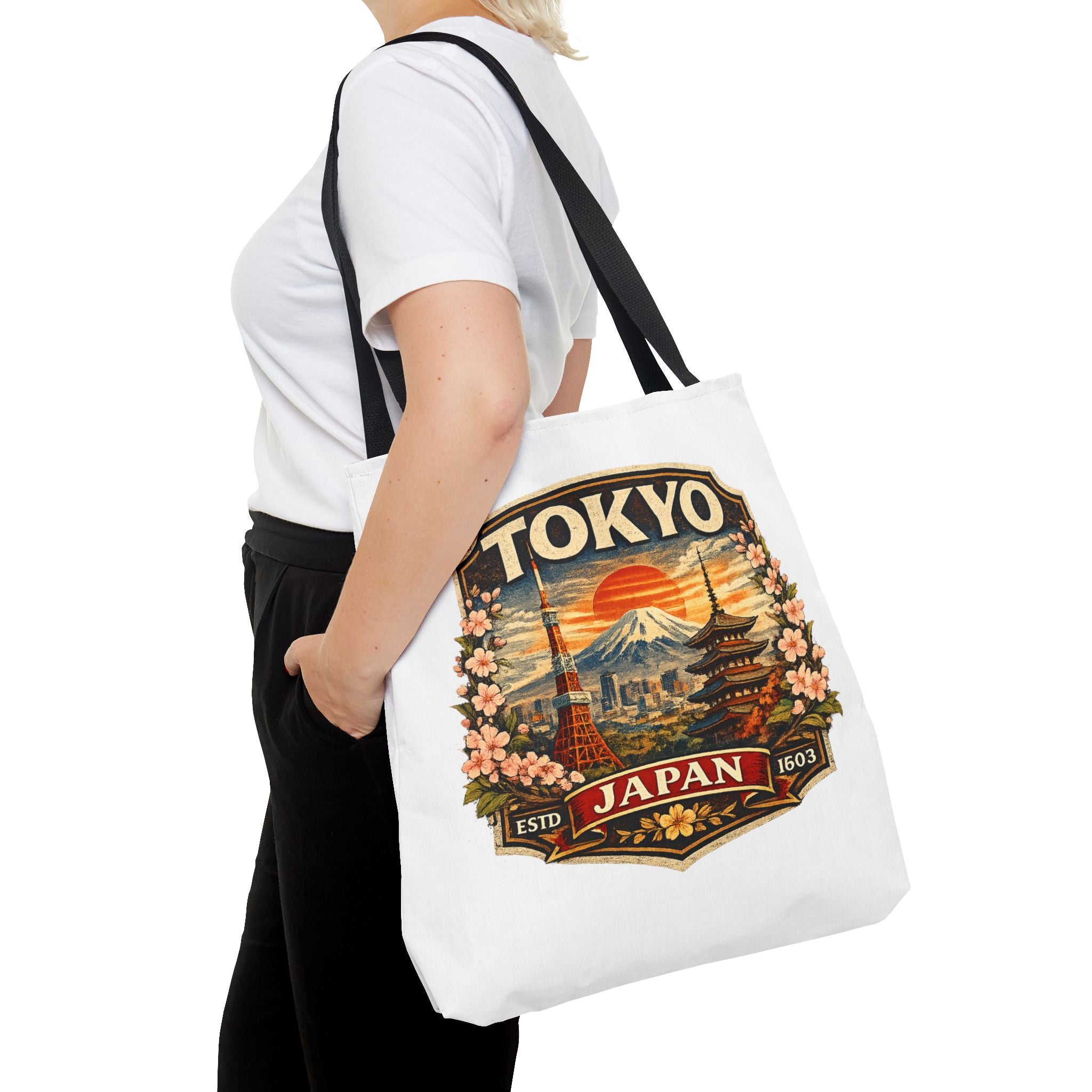 Tokyo Japan Scenic Tote Bag – Vintage Mount Fuji & Cherry Blossom Travel Tote