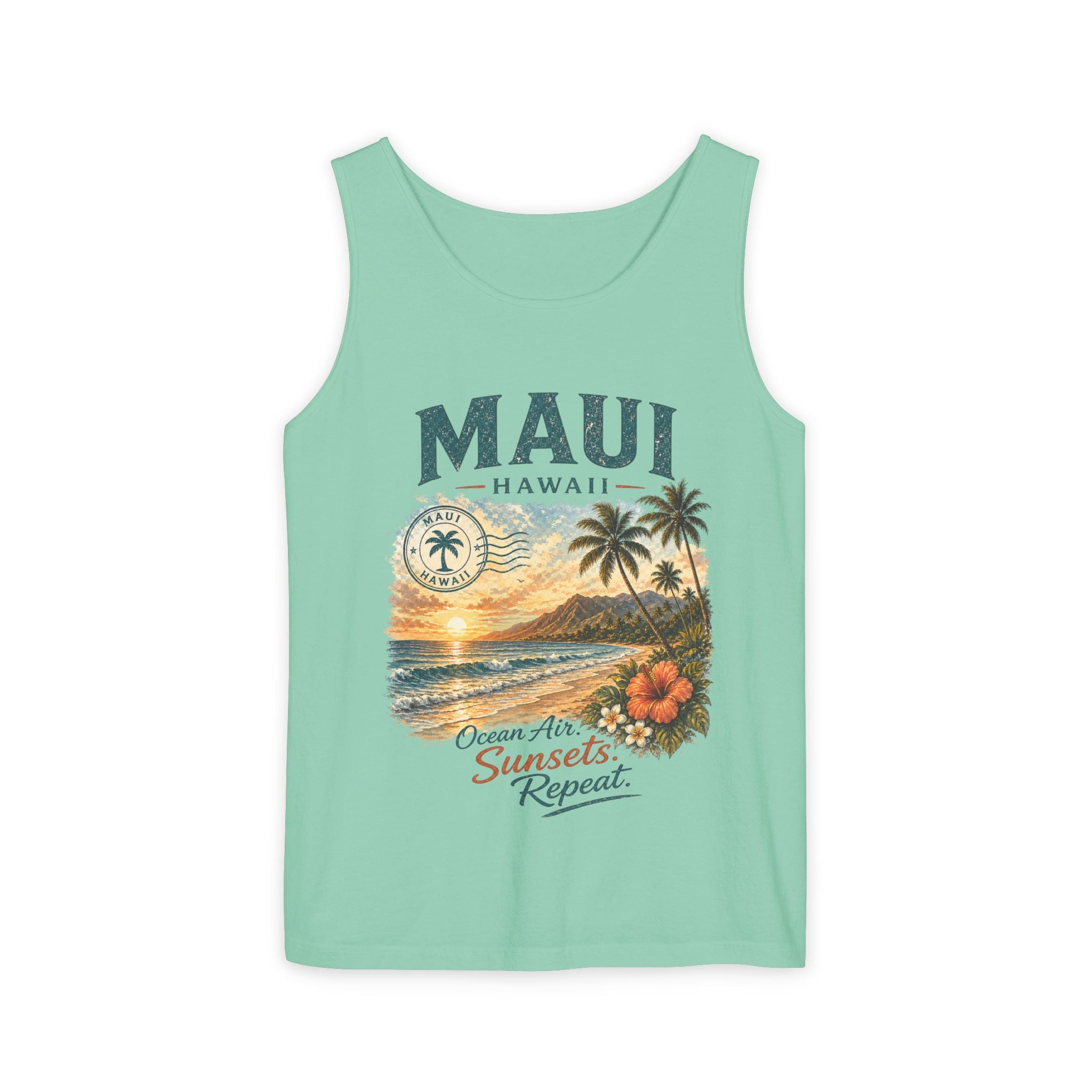 Maui Hawaii Tank Top — Ocean Air Sunsets Repeat Beach Graphic