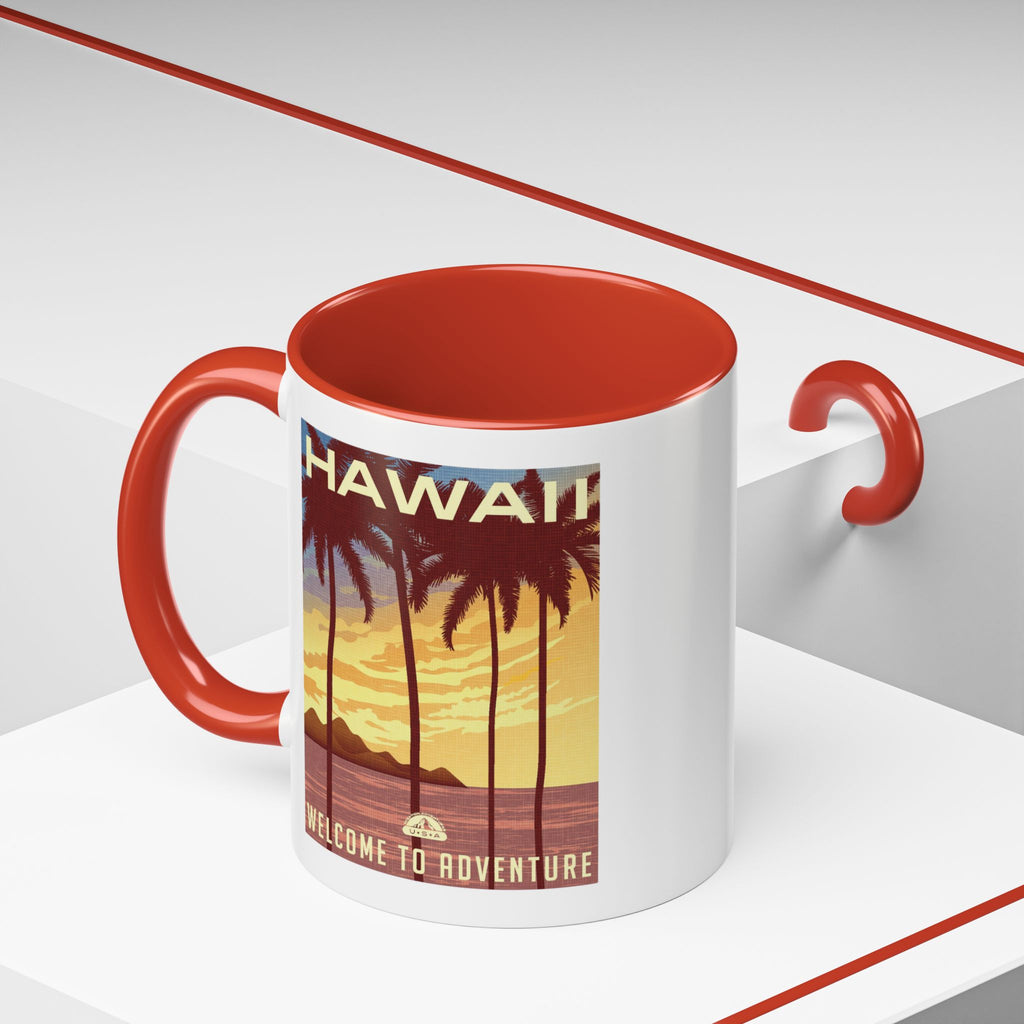 Hawaii Sunset Coffee Mug — "Welcome to Adventure" Tropical Travel Accent Mug