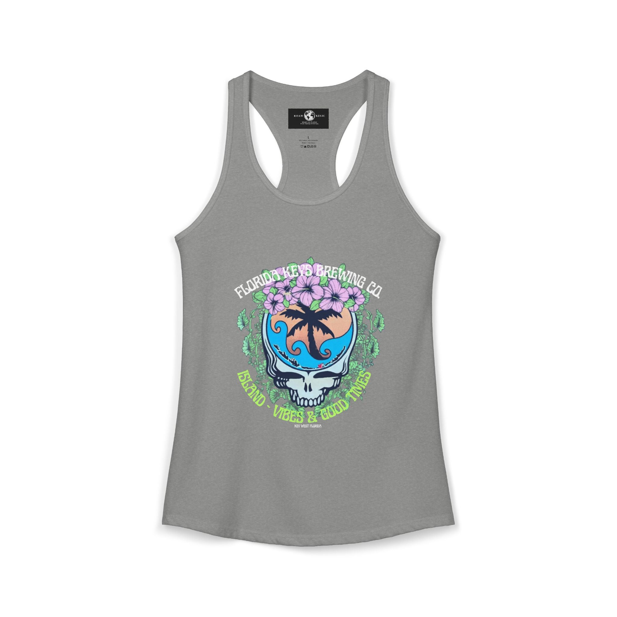 Island Vibes & Good Times Racerback Tank — Tropical Skull Graphic