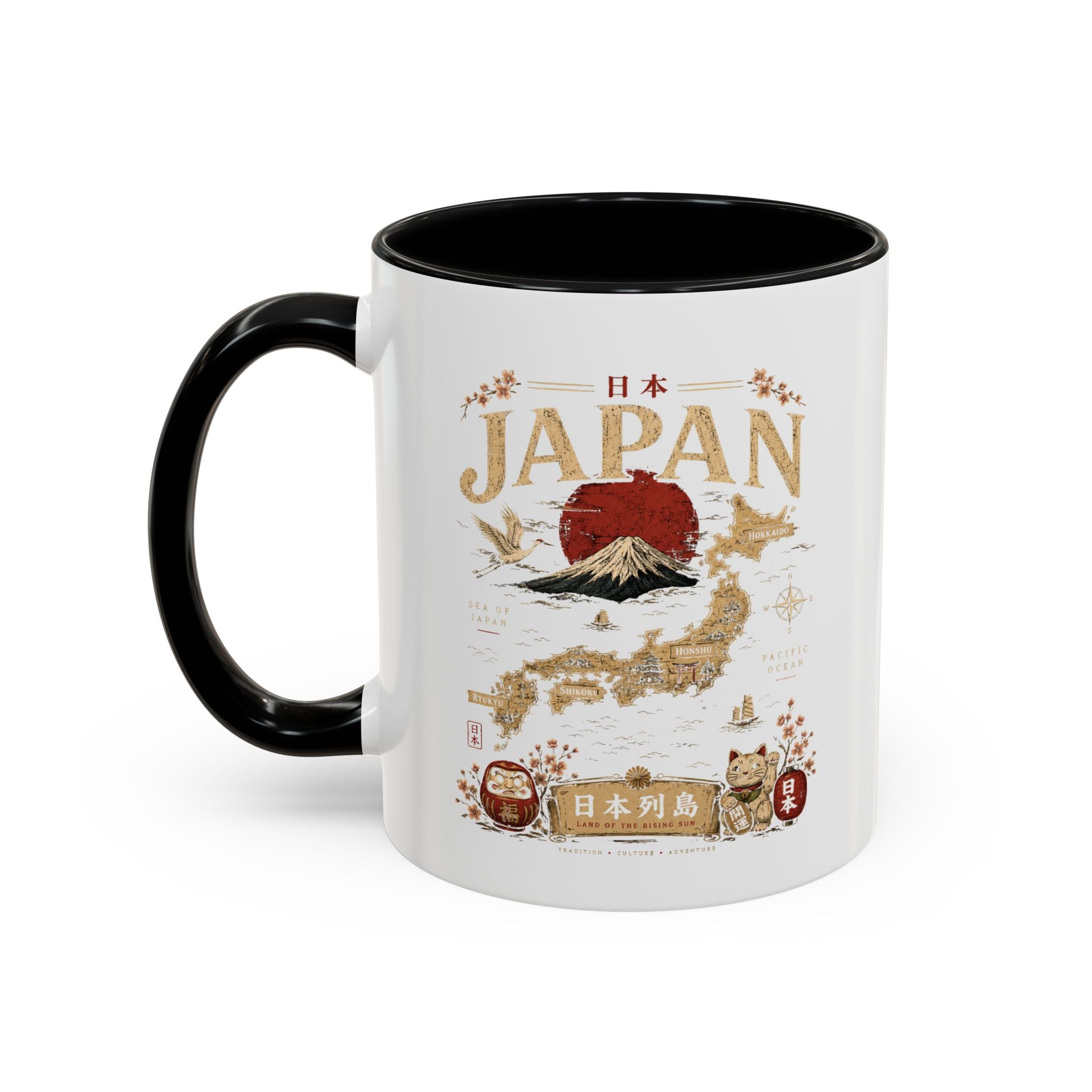 Japan Travel Map Coffee Mug — Mount Fuji Red Sun Accent Mug (11/15 oz)