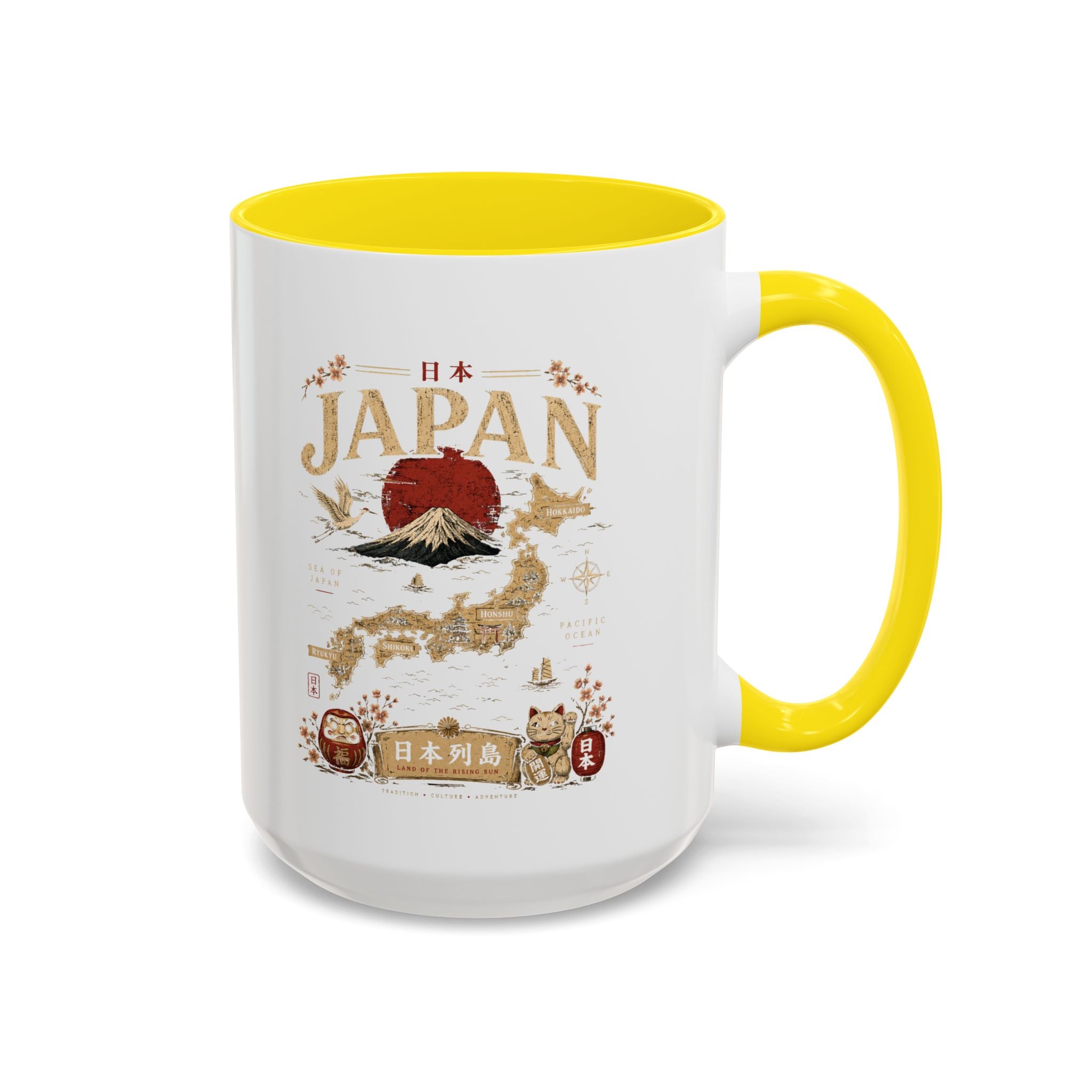 Japan Travel Map Coffee Mug — Mount Fuji Red Sun Accent Mug (11/15 oz)