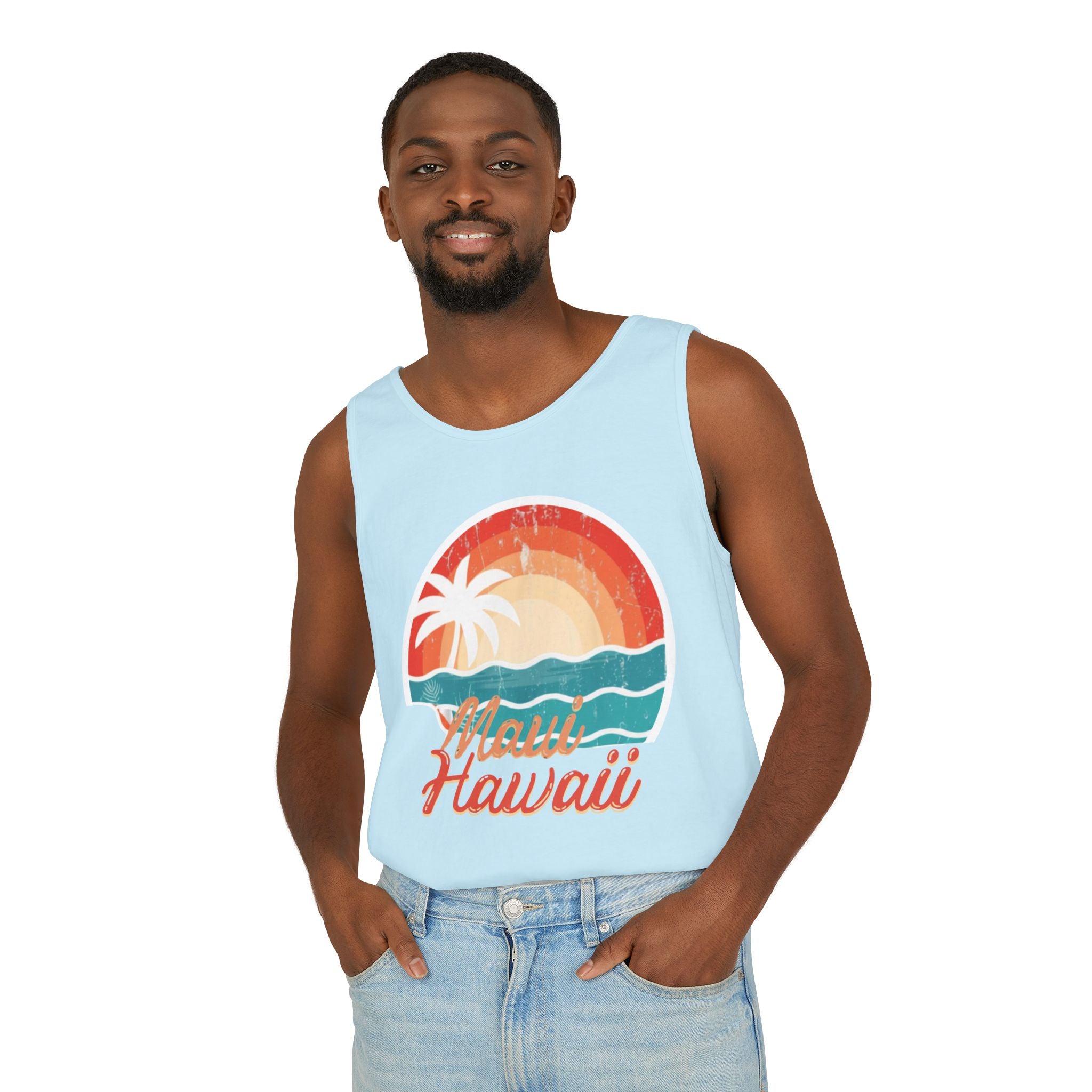 Maui Hawaii Retro Sunset Tank Top — Vintage Palm Beach Vacation Tee