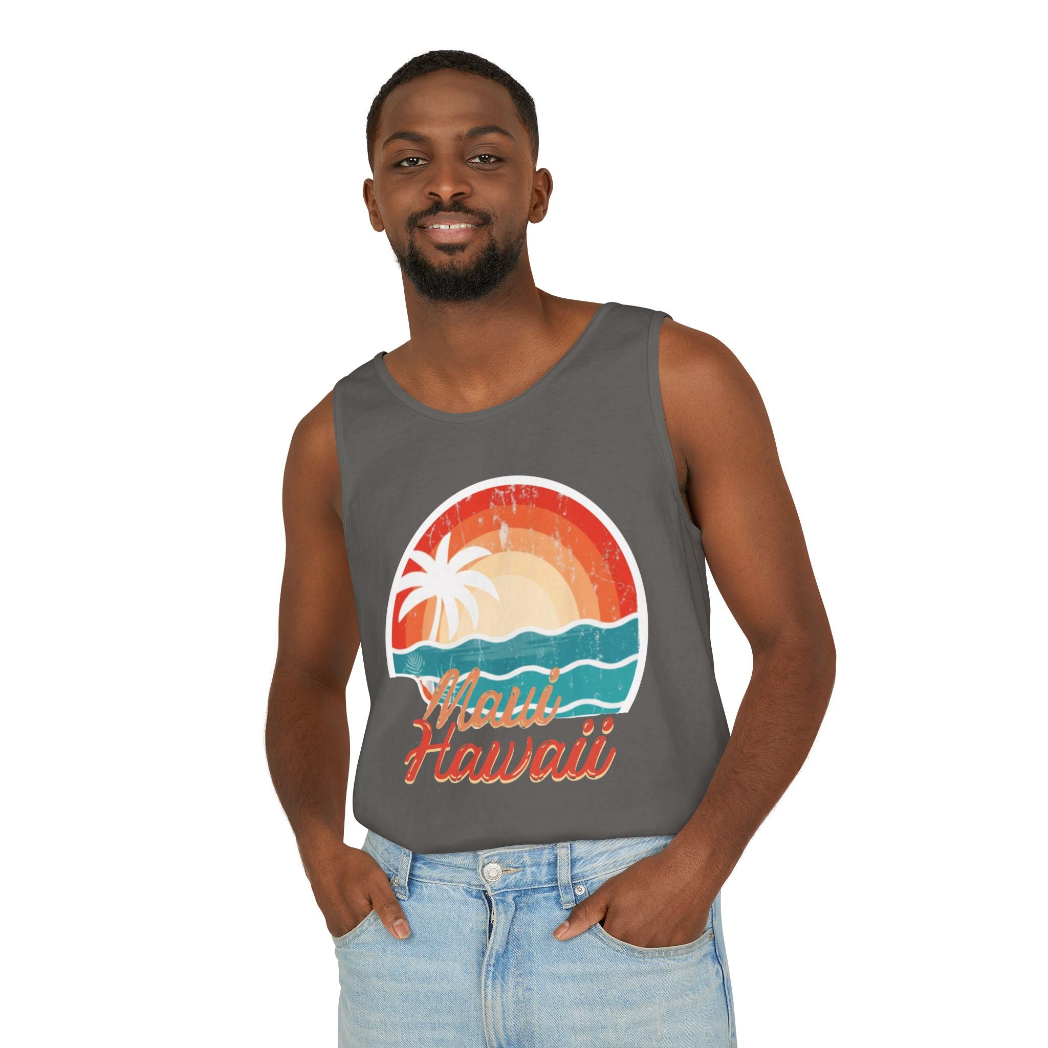 Maui Hawaii Retro Sunset Tank Top — Vintage Palm Beach Vacation Tee