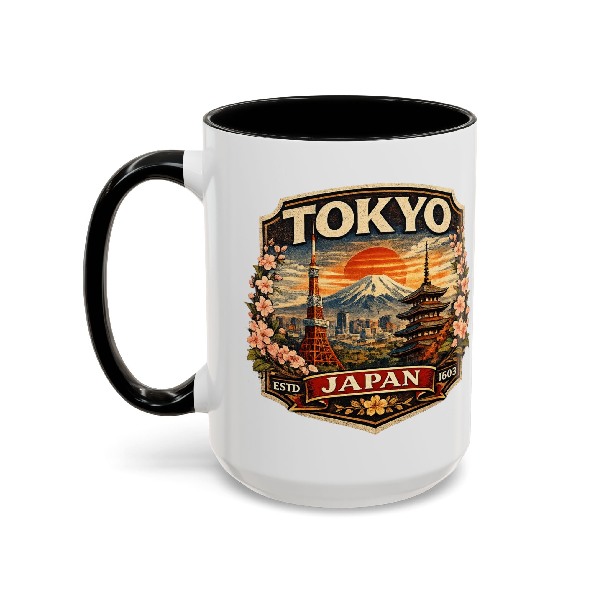 Tokyo Japan Accent Coffee Mug – Vintage Mount Fuji & Sakura Travel Souvenir (11/15oz)