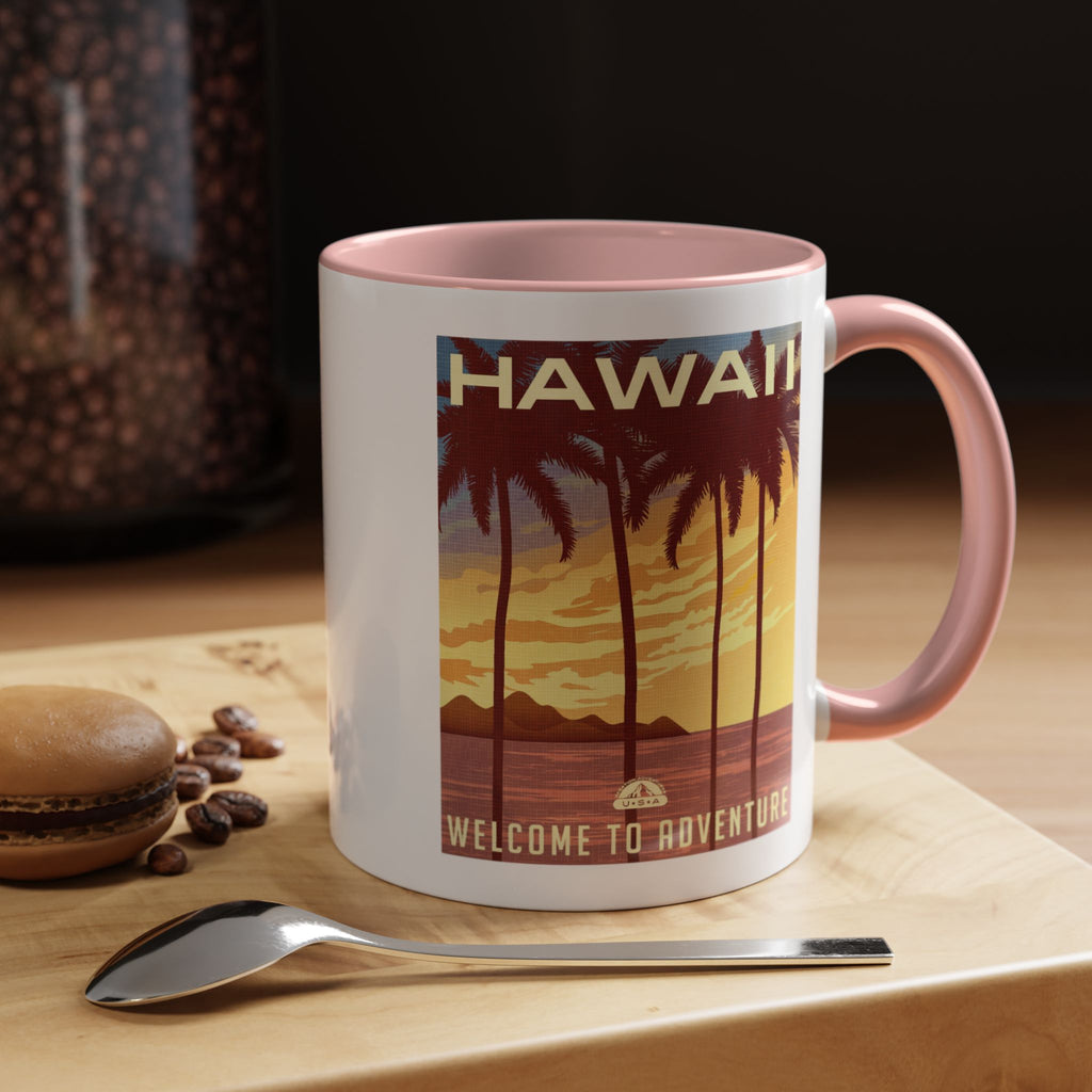 Hawaii Sunset Coffee Mug — "Welcome to Adventure" Tropical Travel Accent Mug