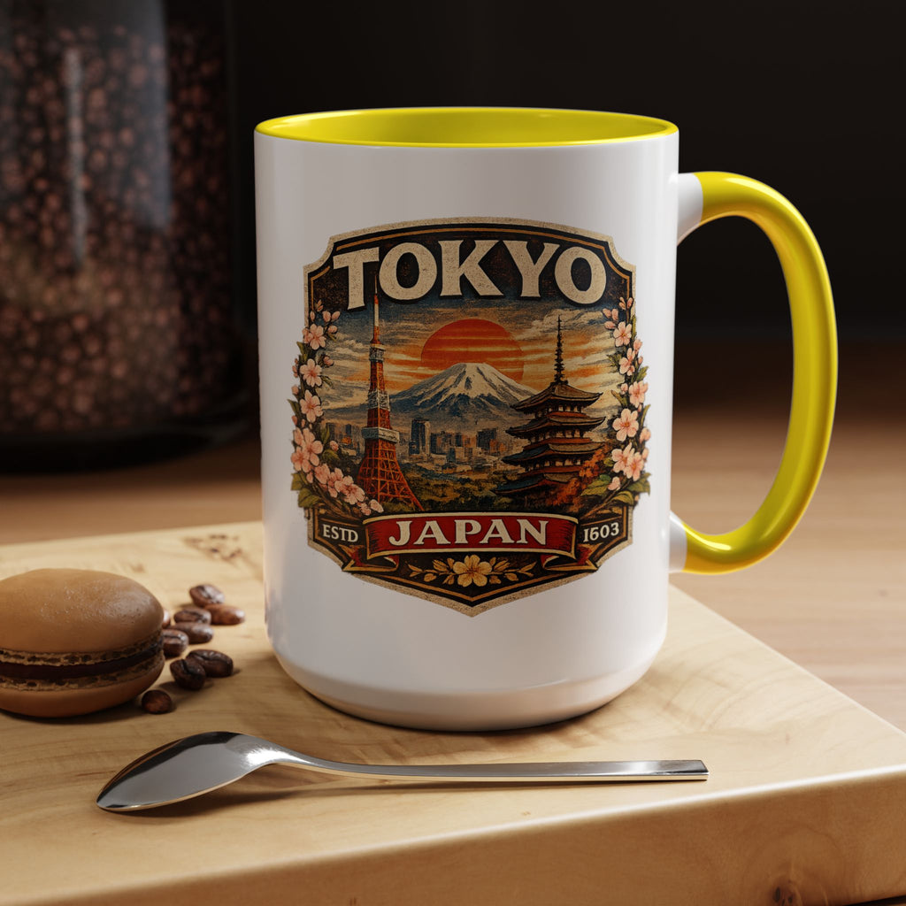 Tokyo Japan Accent Coffee Mug – Vintage Mount Fuji & Sakura Travel Souvenir (11/15oz)