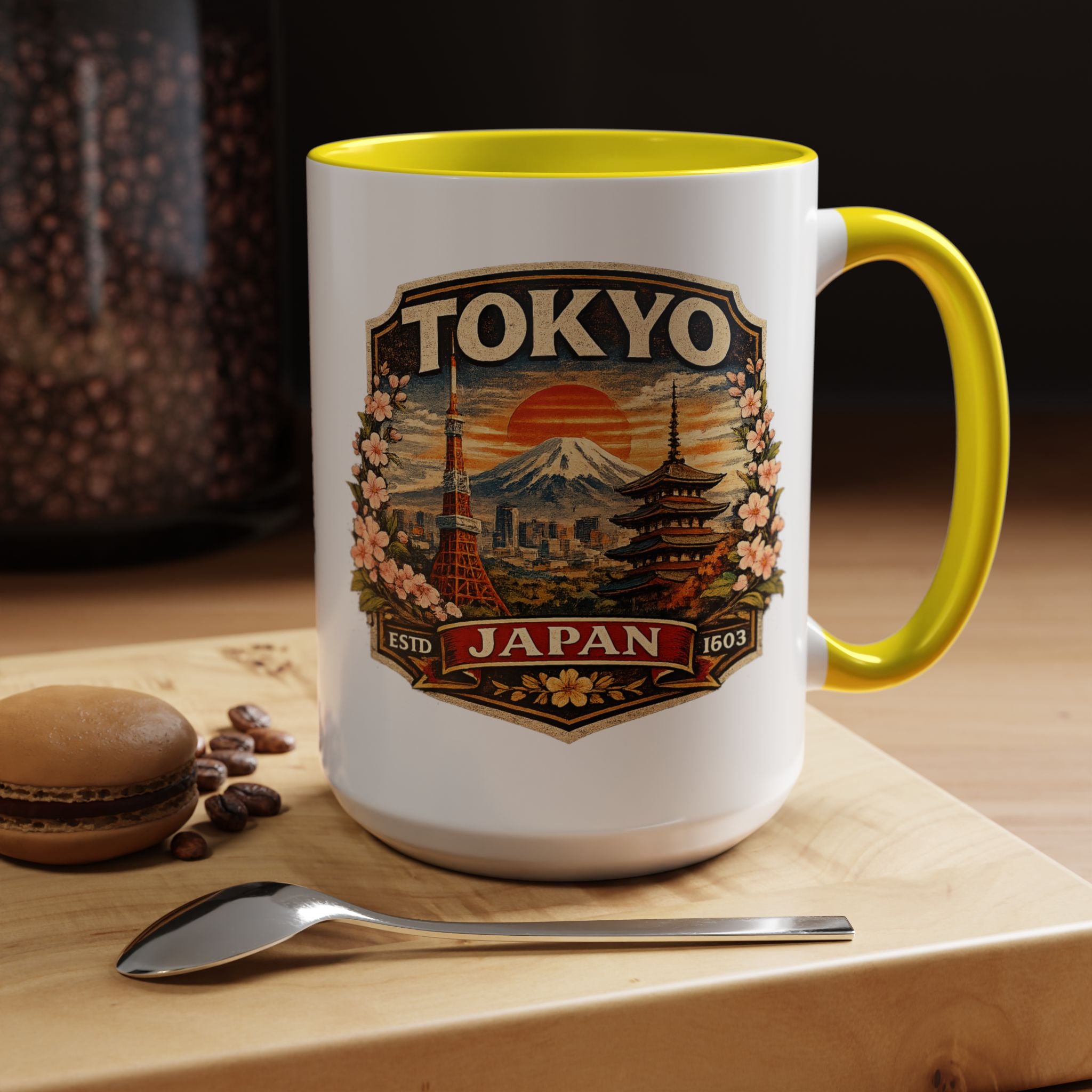 Tokyo Japan Accent Coffee Mug – Vintage Mount Fuji & Sakura Travel Souvenir (11/15oz)