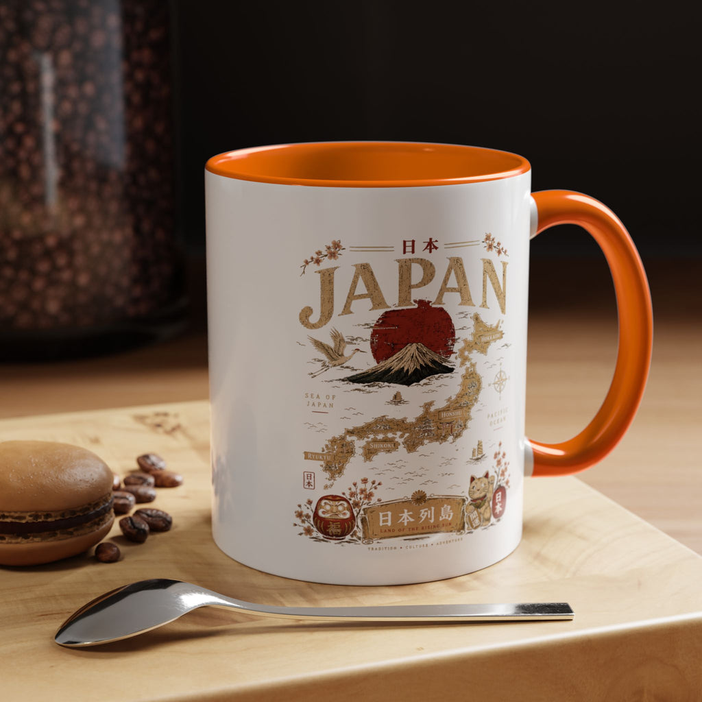 Japan Travel Map Coffee Mug — Mount Fuji Red Sun Accent Mug (11/15 oz)
