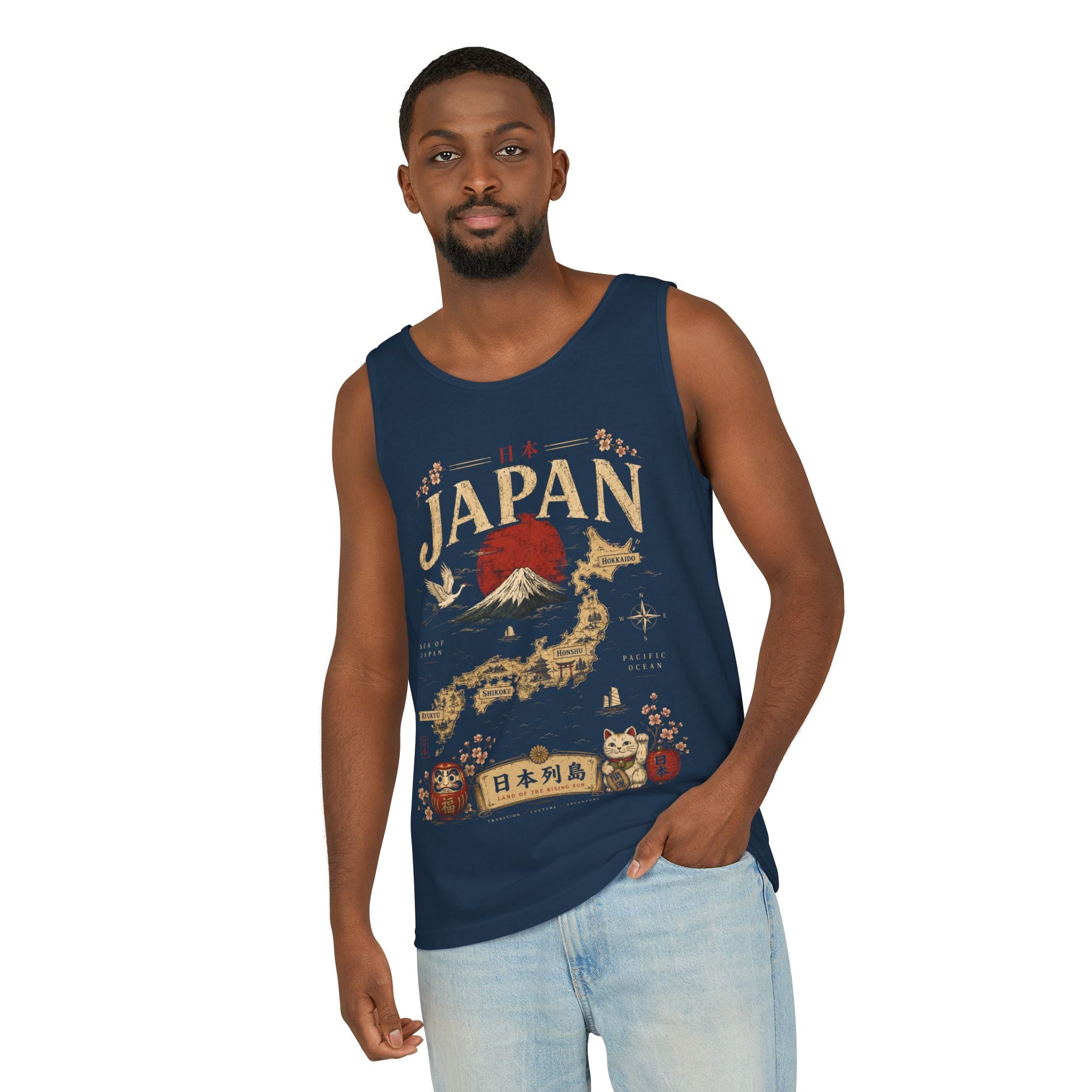Japan Vintage Travel Tank Top — Mount Fuji & Lucky Cat Graphic
