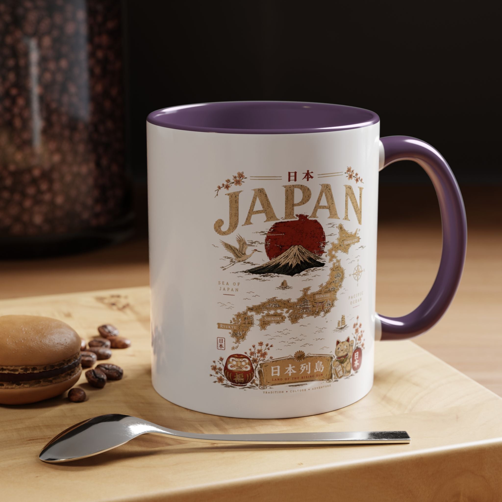 Japan Travel Map Coffee Mug — Mount Fuji Red Sun Accent Mug (11/15 oz)