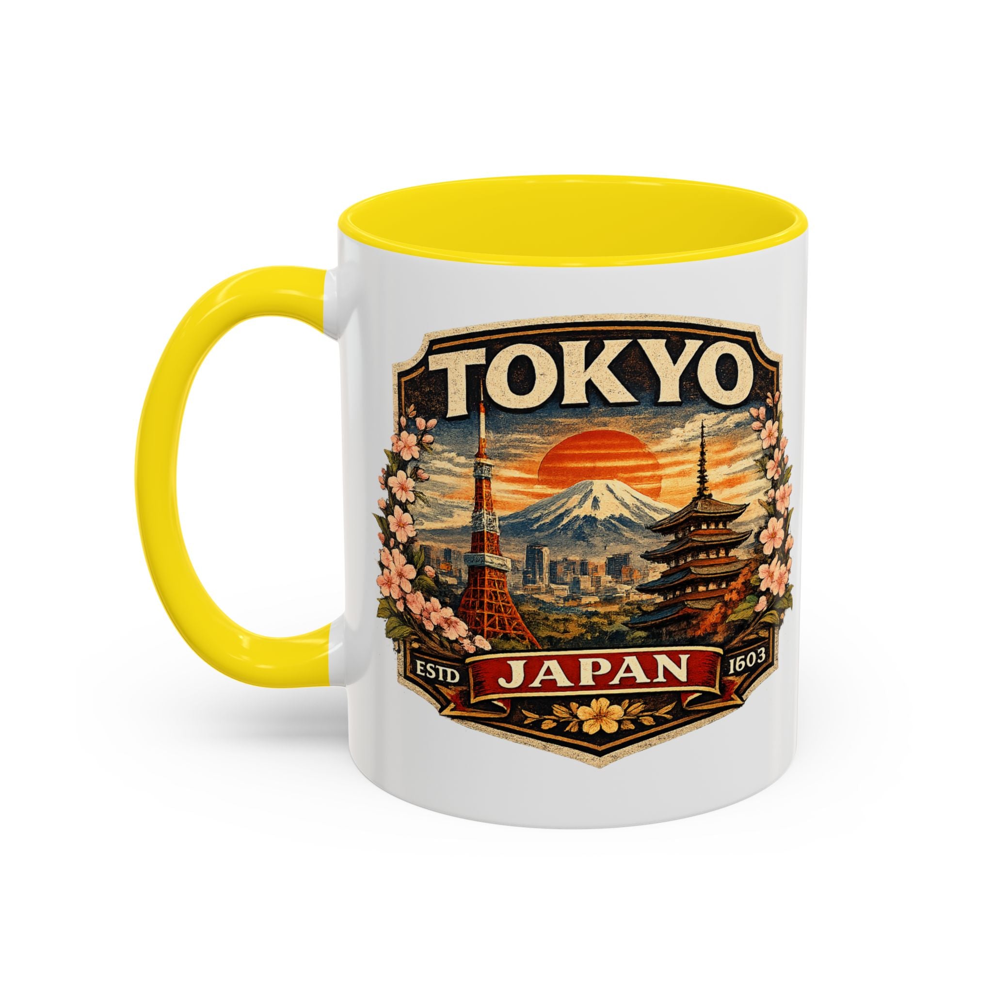 Tokyo Japan Accent Coffee Mug – Vintage Mount Fuji & Sakura Travel Souvenir (11/15oz)