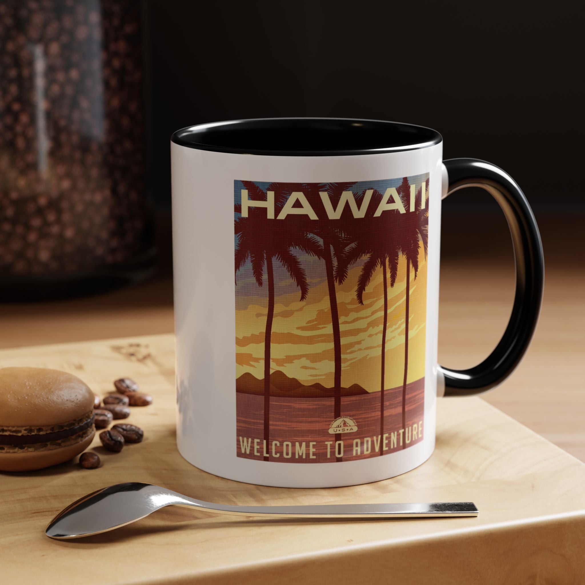 Hawaii Sunset Coffee Mug — "Welcome to Adventure" Tropical Travel Accent Mug