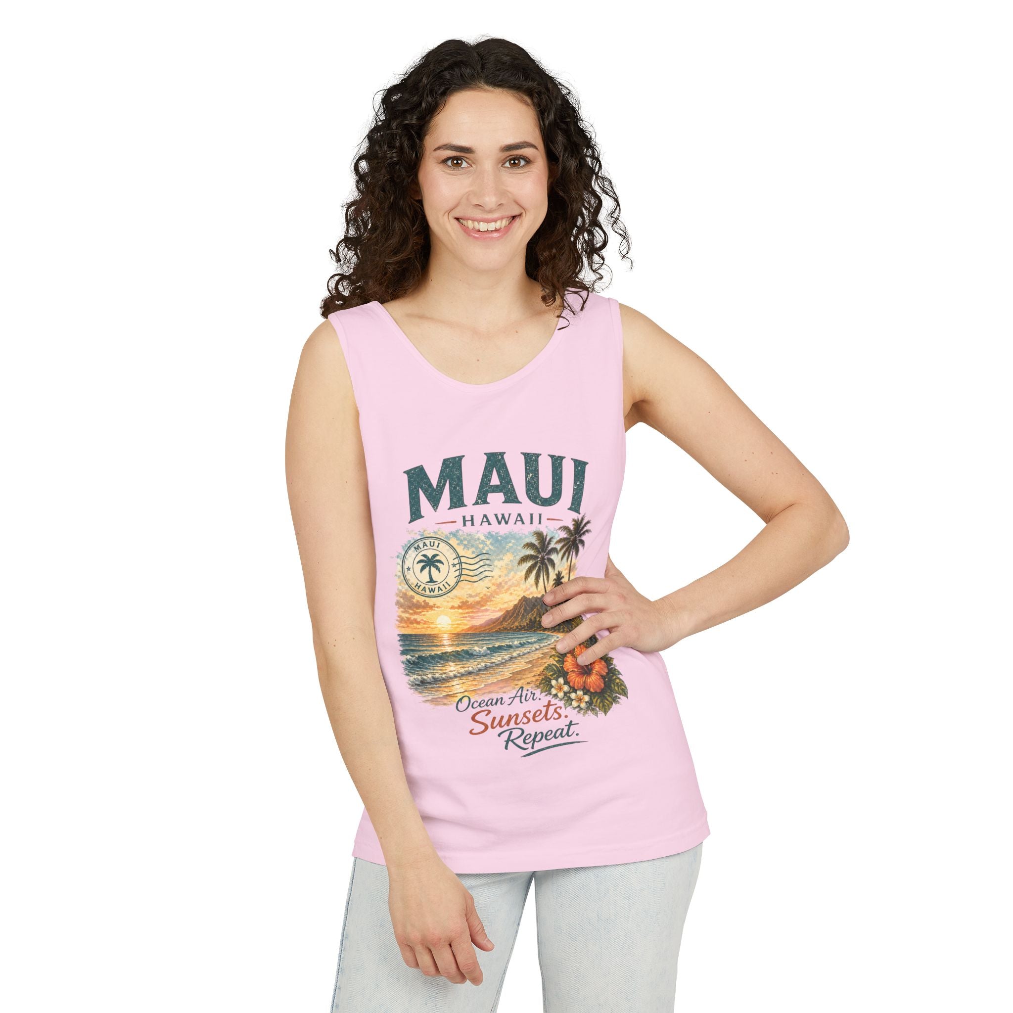 Maui Hawaii Tank Top — Ocean Air Sunsets Repeat Beach Graphic