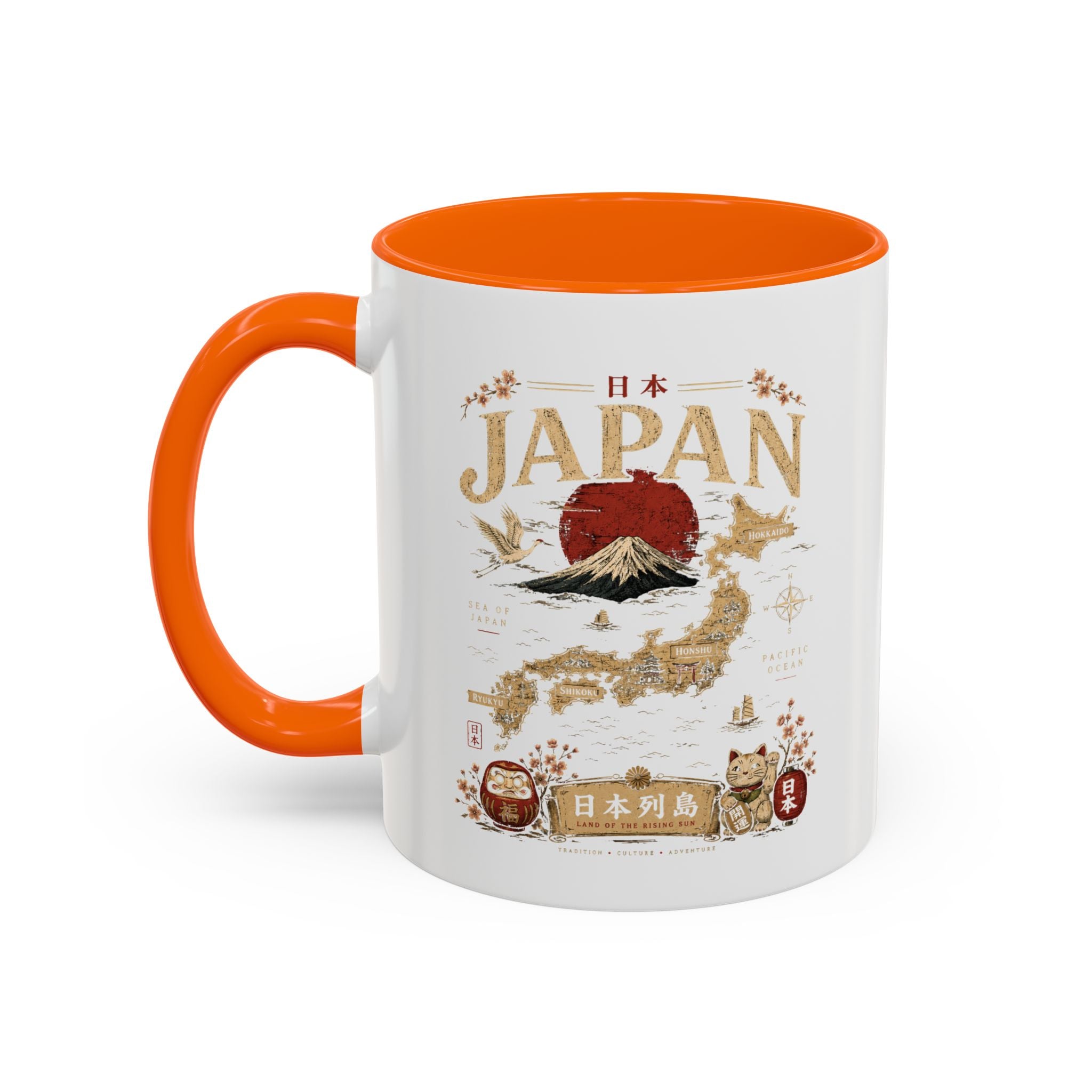 Japan Travel Map Coffee Mug — Mount Fuji Red Sun Accent Mug (11/15 oz)