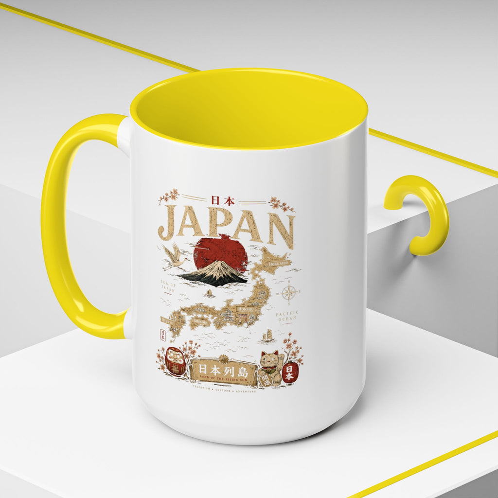 Japan Travel Map Coffee Mug — Mount Fuji Red Sun Accent Mug (11/15 oz)