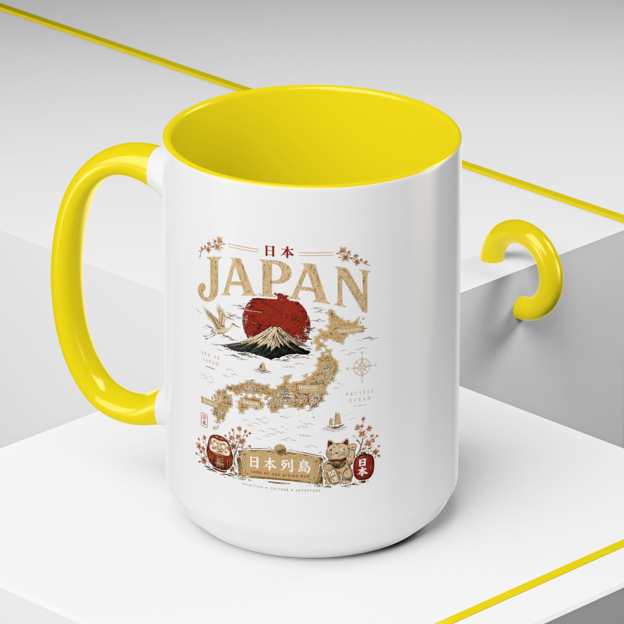 Japan Travel Map Coffee Mug — Mount Fuji Red Sun Accent Mug (11/15 oz)