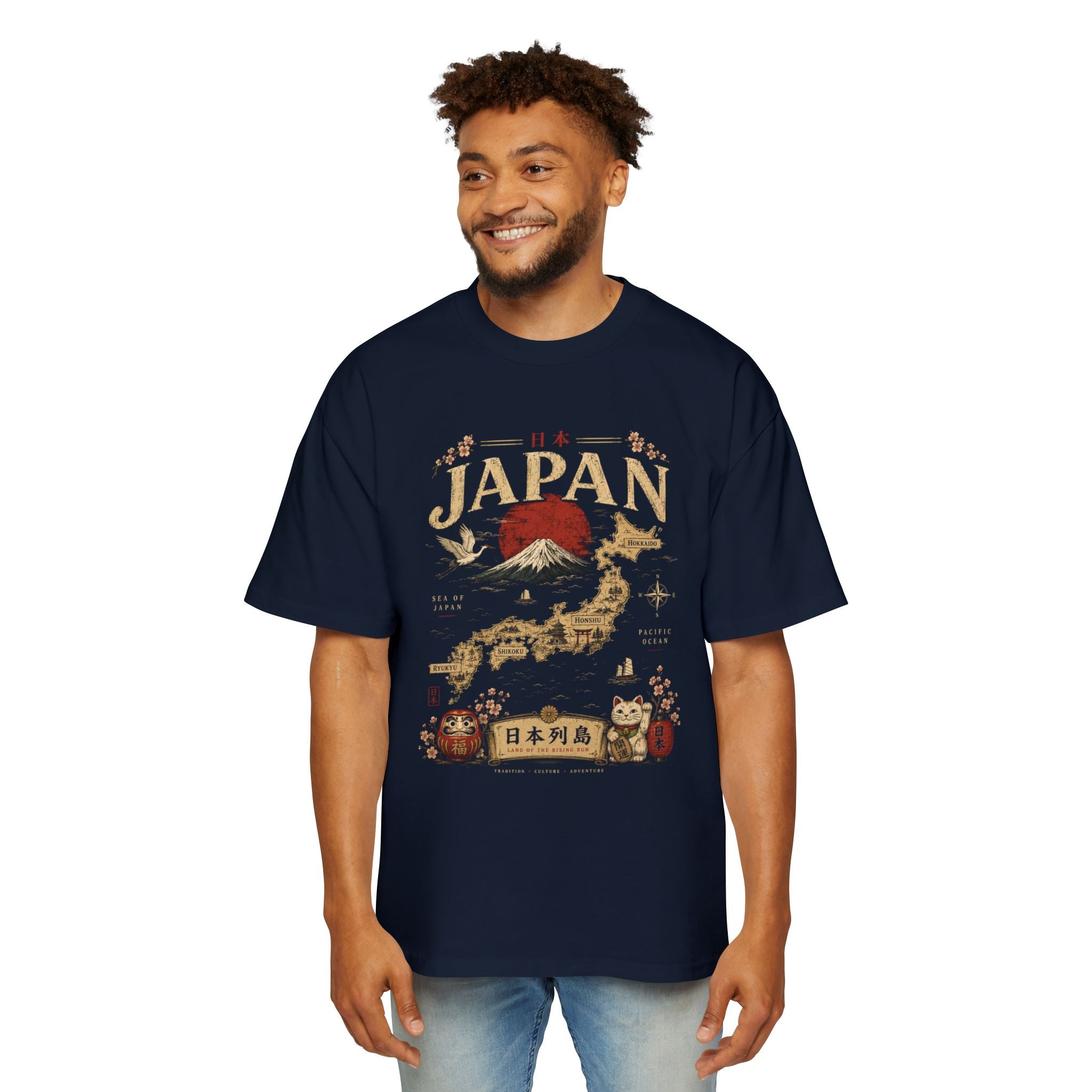 Japan Map Tee — Mount Fuji, Rising Sun & Lucky Cat Graphic T-Shirt