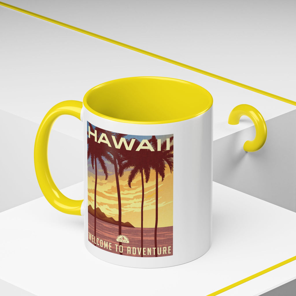 Hawaii Sunset Coffee Mug — "Welcome to Adventure" Tropical Travel Accent Mug