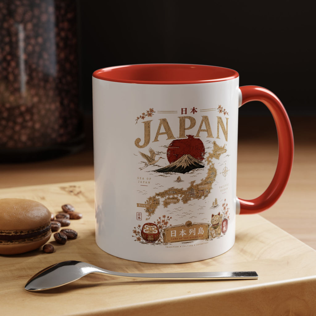 Japan Travel Map Coffee Mug — Mount Fuji Red Sun Accent Mug (11/15 oz)