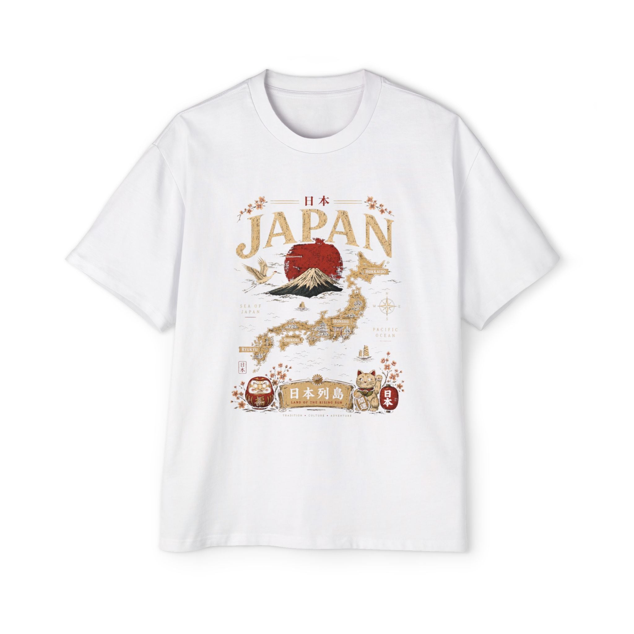 Japan Map Tee — Mount Fuji, Rising Sun & Lucky Cat Graphic T-Shirt